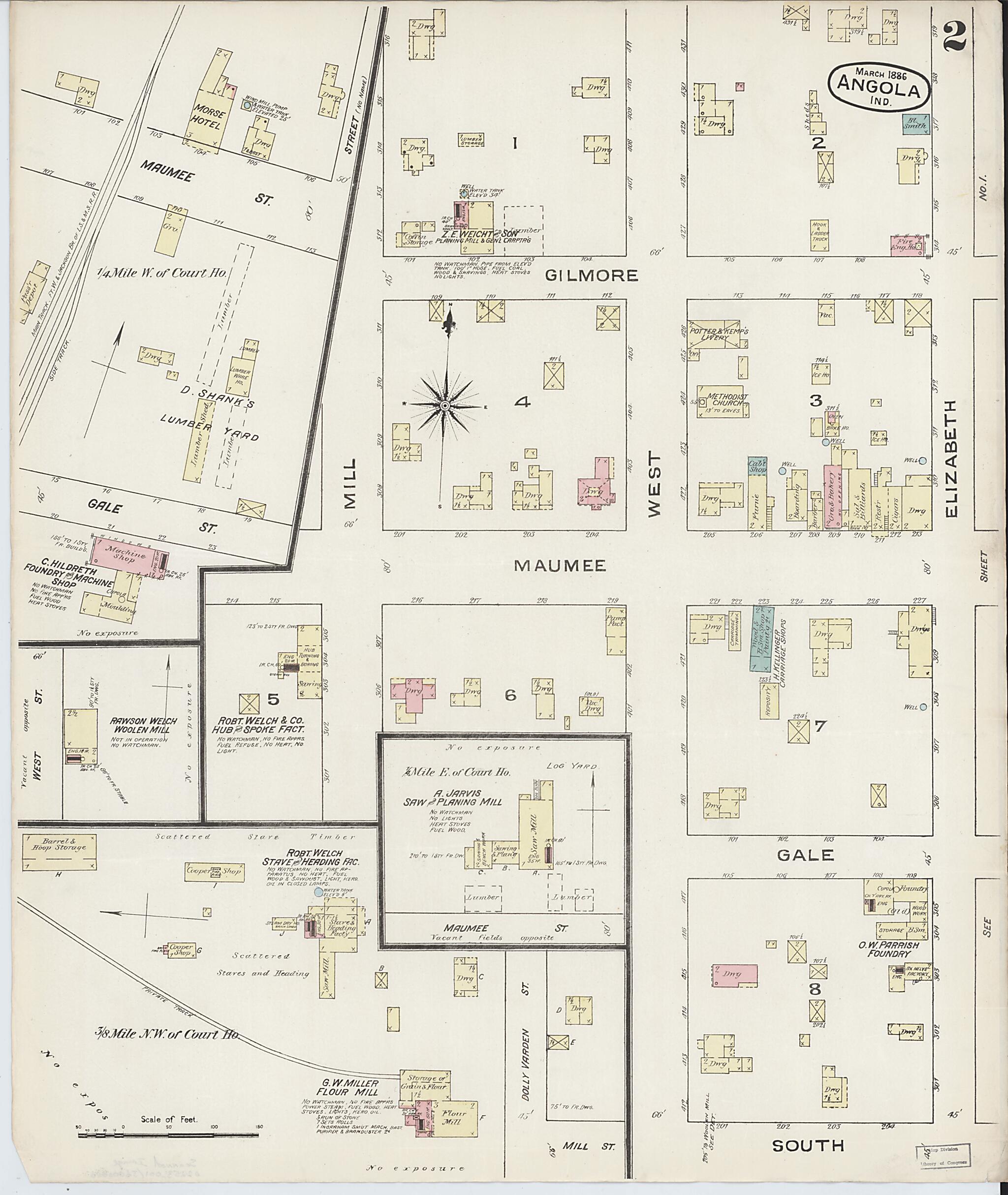 This old map of Angola, Steuben County, Indiana was created by Sanborn Map Company in 1886