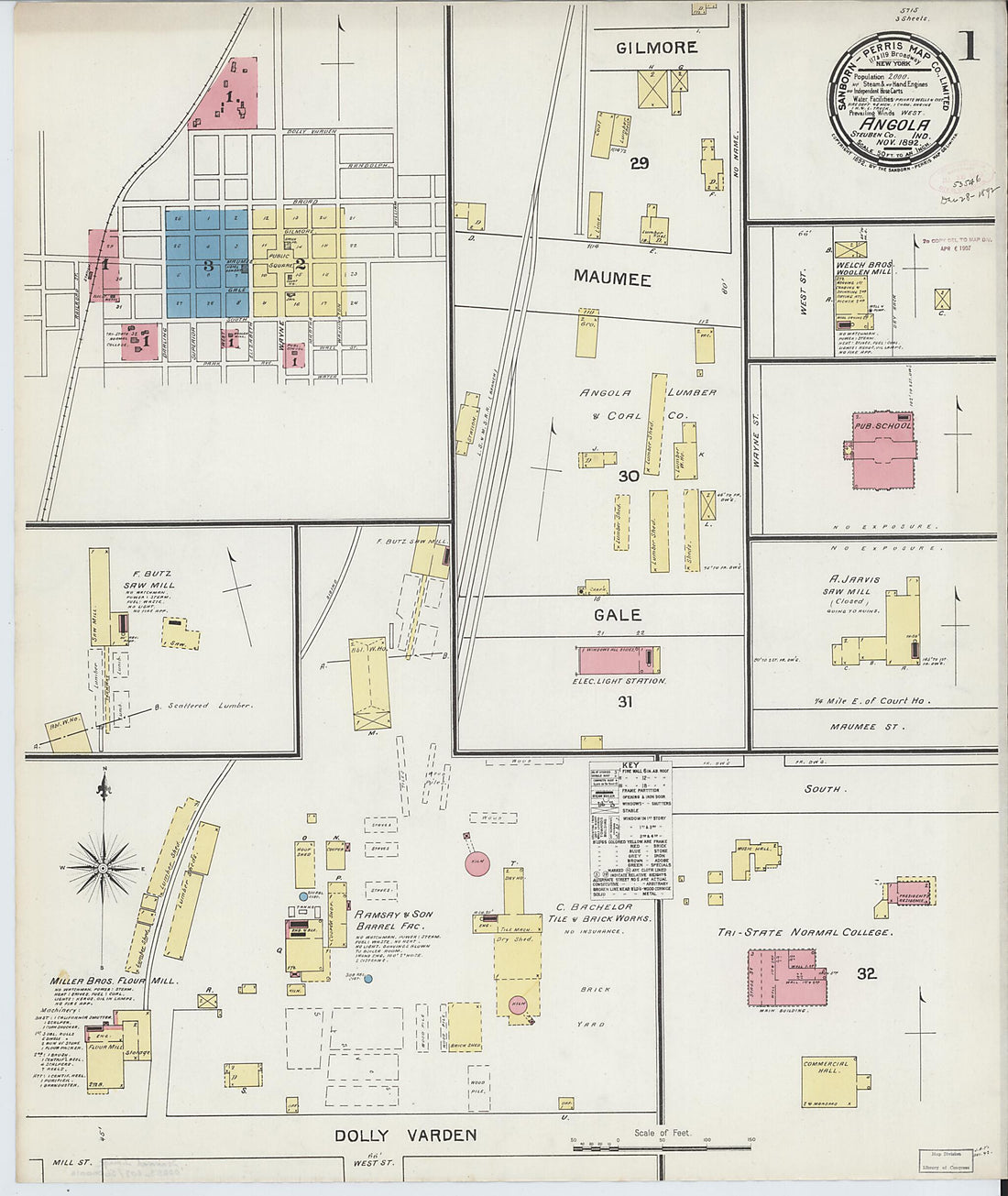 This old map of Angola, Steuben County, Indiana was created by Sanborn Map Company in 1892