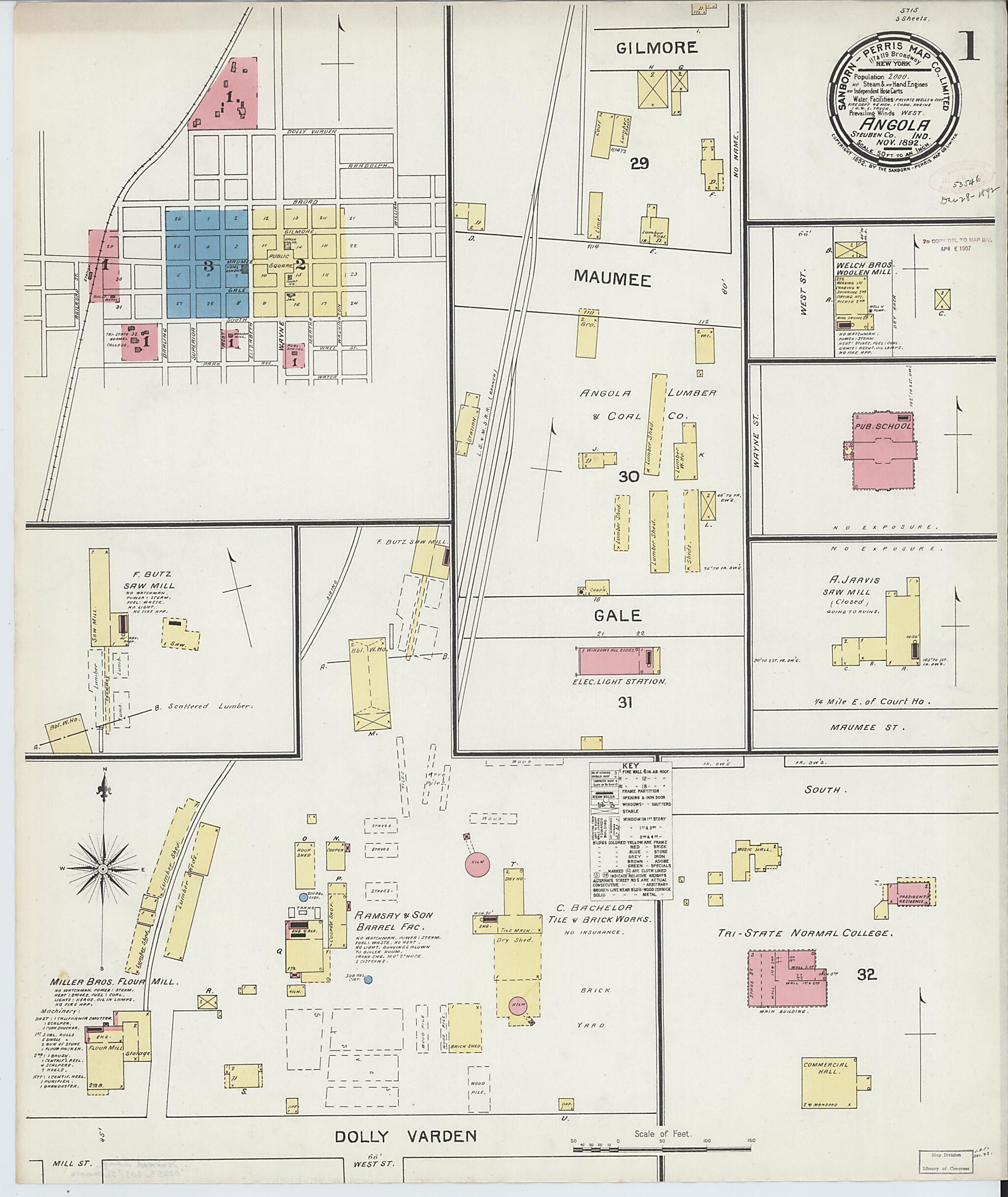 This old map of Angola, Steuben County, Indiana was created by Sanborn Map Company in 1892