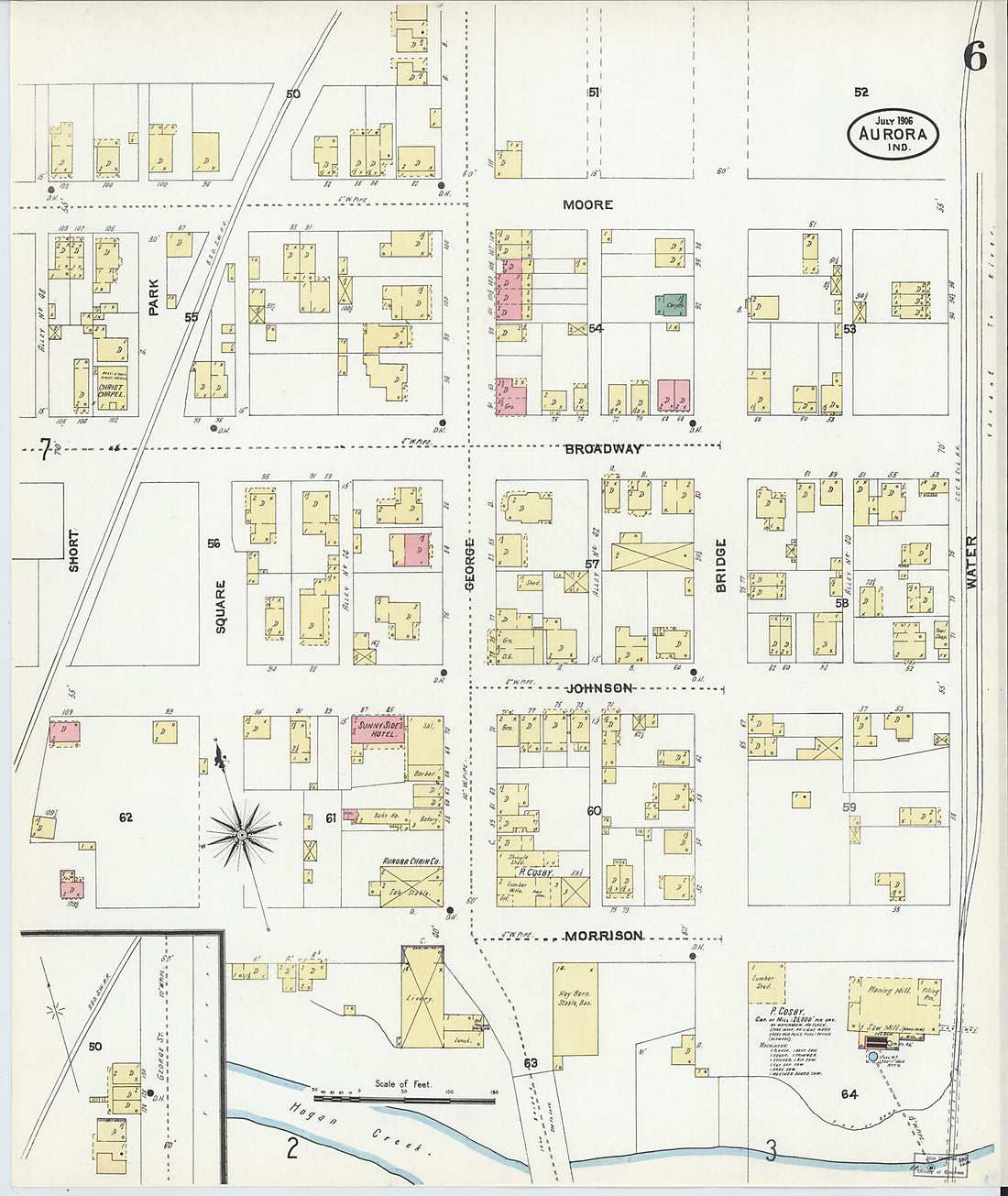 This old map of Aurora, Dearborn County, Indiana was created by Sanborn Map Company in 1906