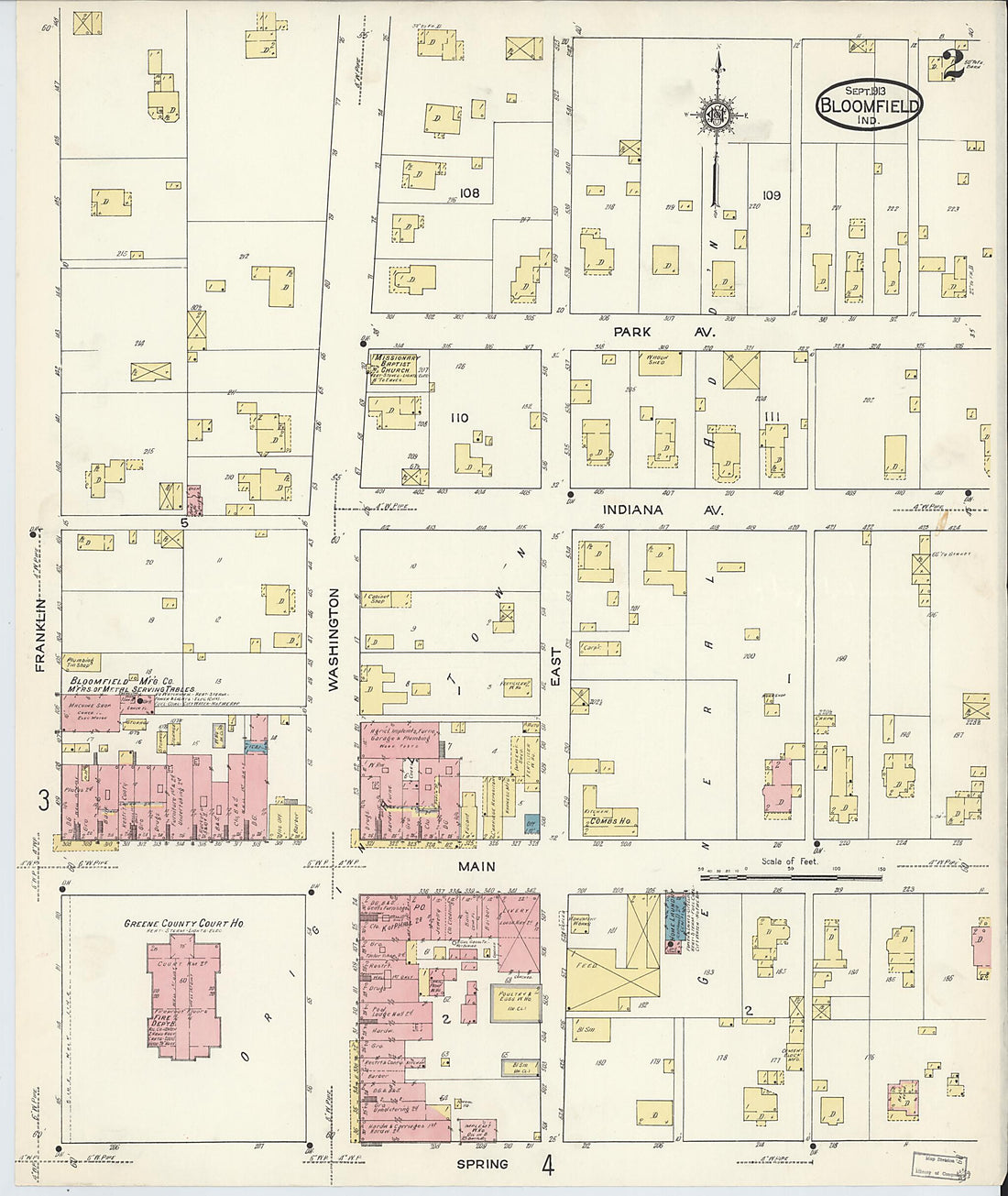 This old map of Bloomfield, Greene County, Indiana was created by Sanborn Map Company in 1913
