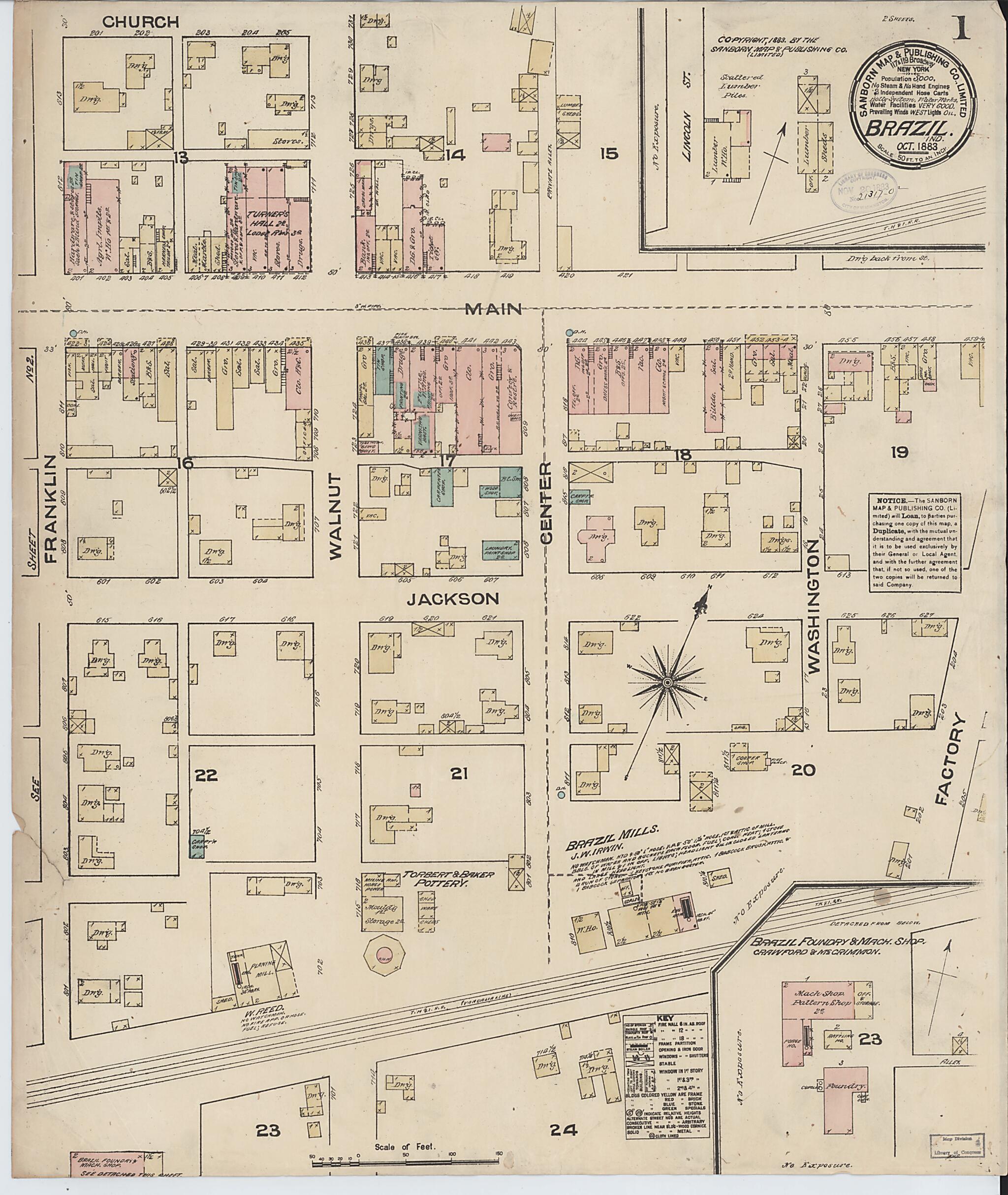This old map of Brazil, Clay County, Indiana was created by Sanborn Map Company in 1883
