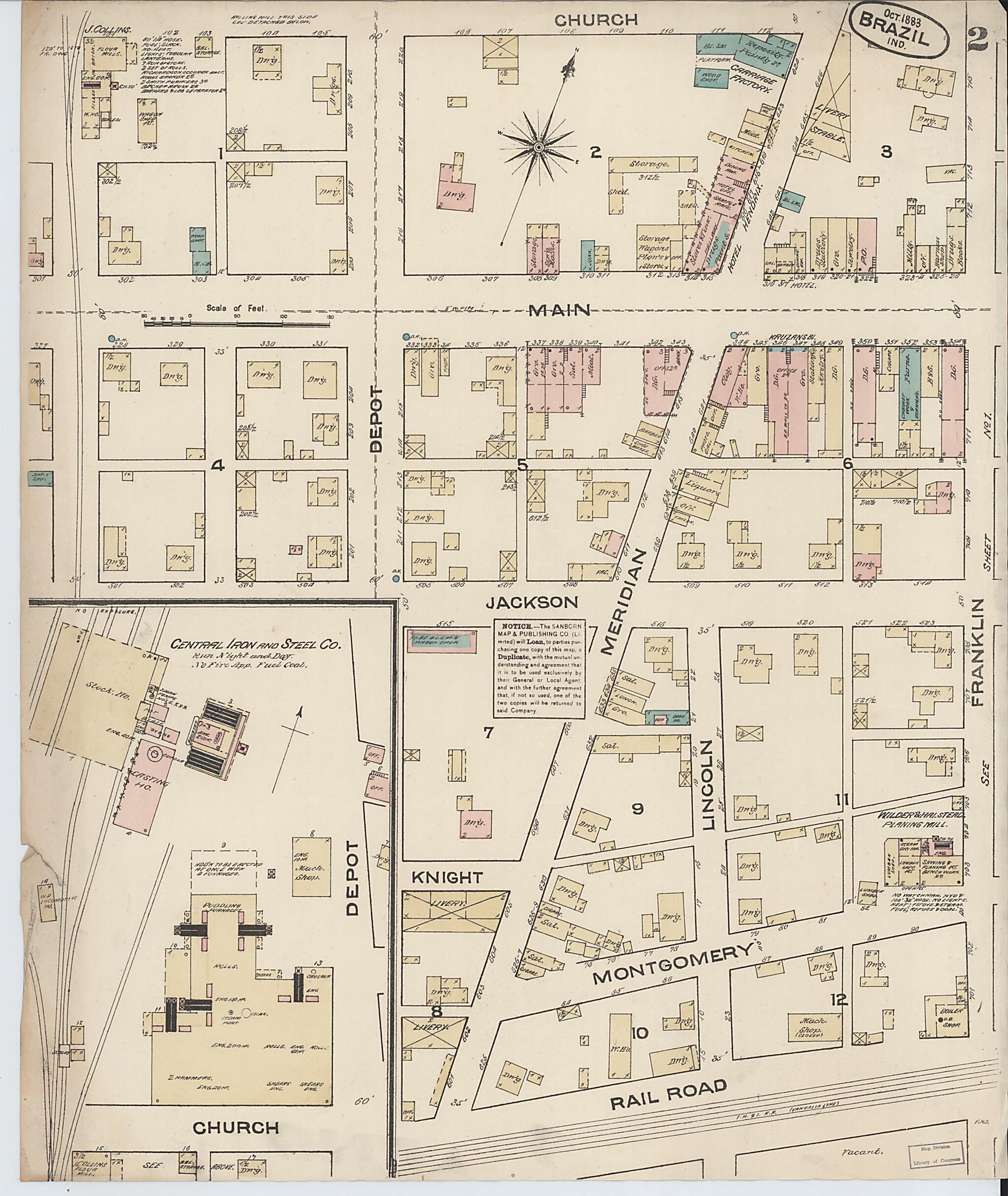 This old map of Brazil, Clay County, Indiana was created by Sanborn Map Company in 1883