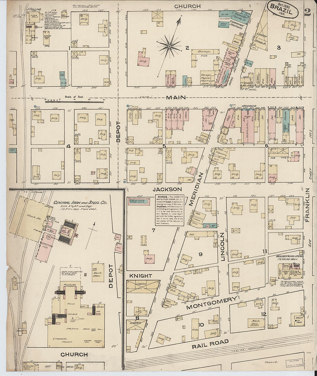 This old map of Brazil, Clay County, Indiana was created by Sanborn Map Company in 1883