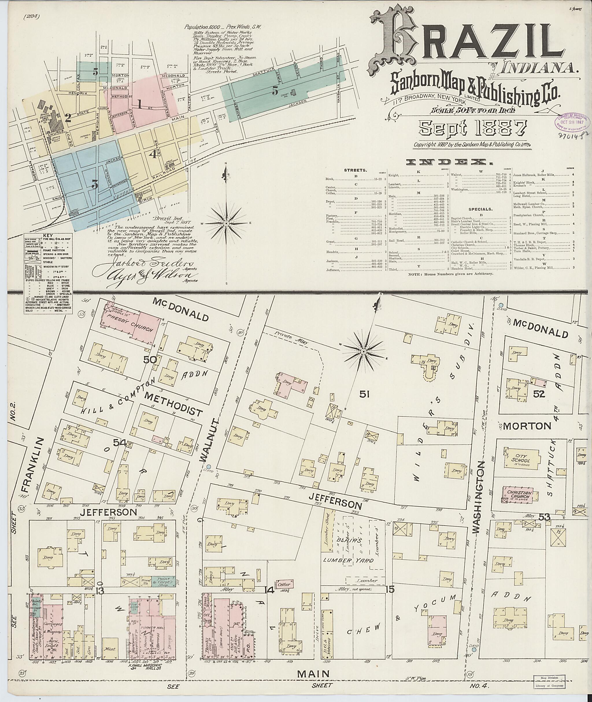 This old map of Brazil, Clay County, Indiana was created by Sanborn Map Company in 1887
