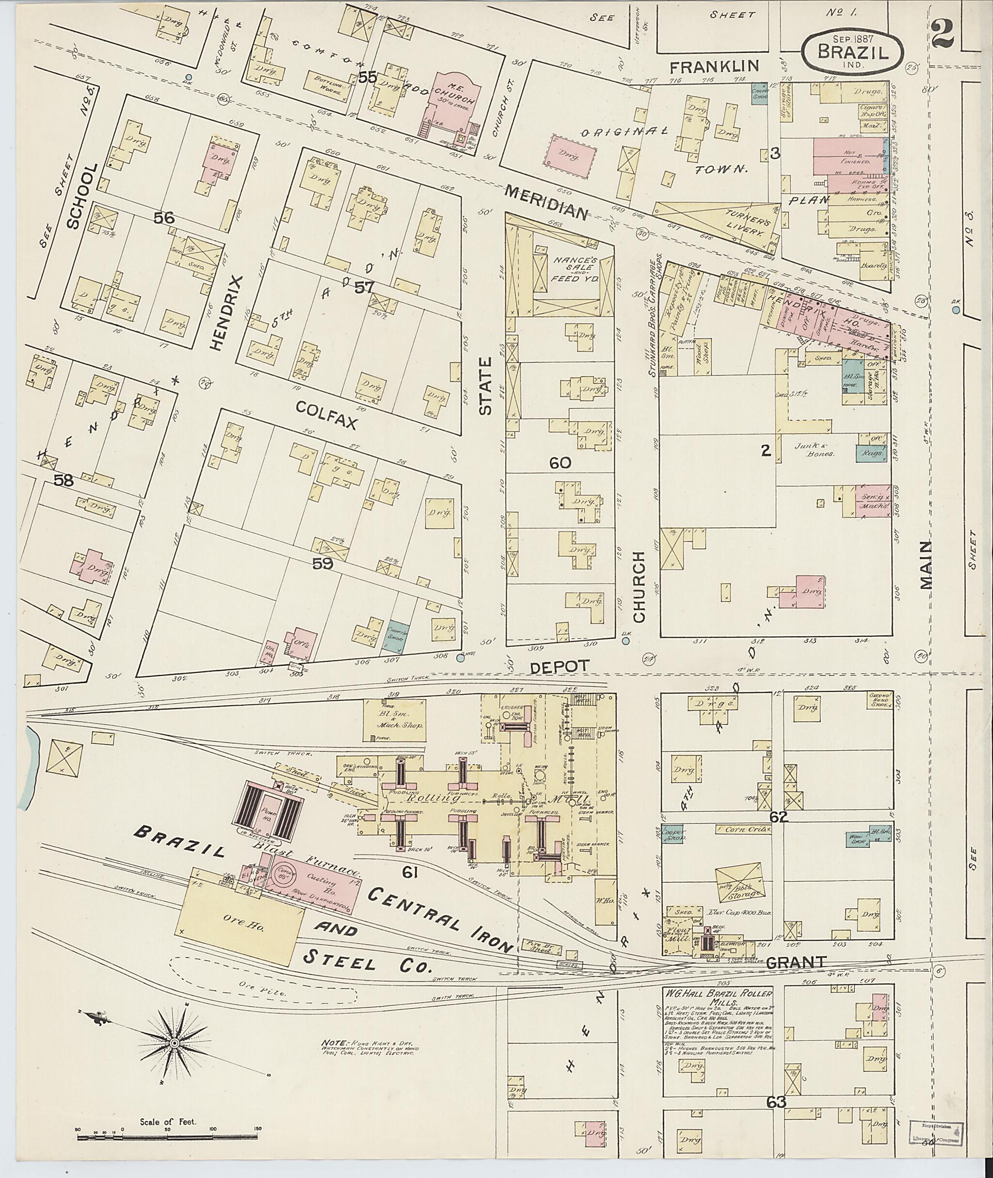 This old map of Brazil, Clay County, Indiana was created by Sanborn Map Company in 1887