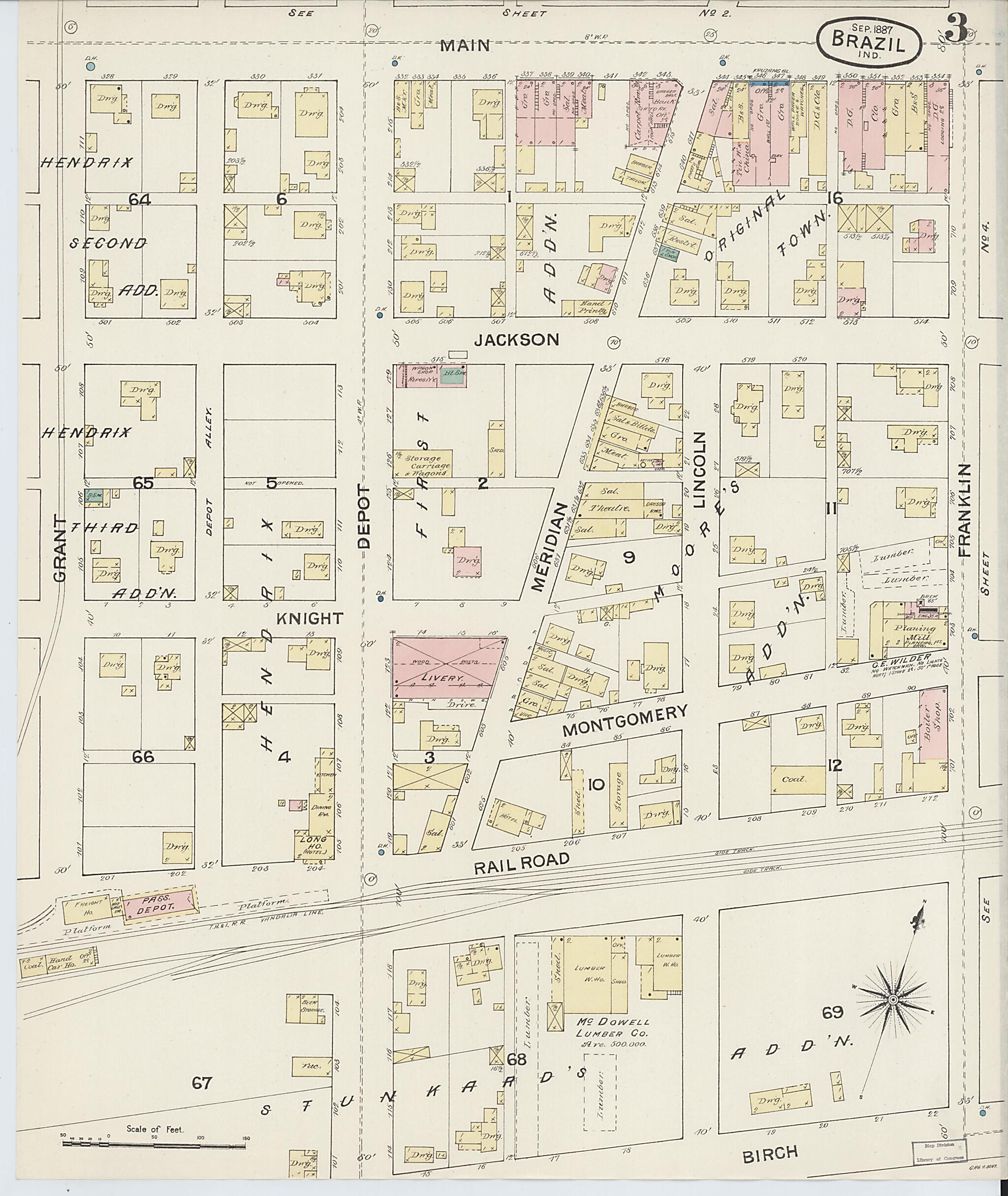This old map of Brazil, Clay County, Indiana was created by Sanborn Map Company in 1887