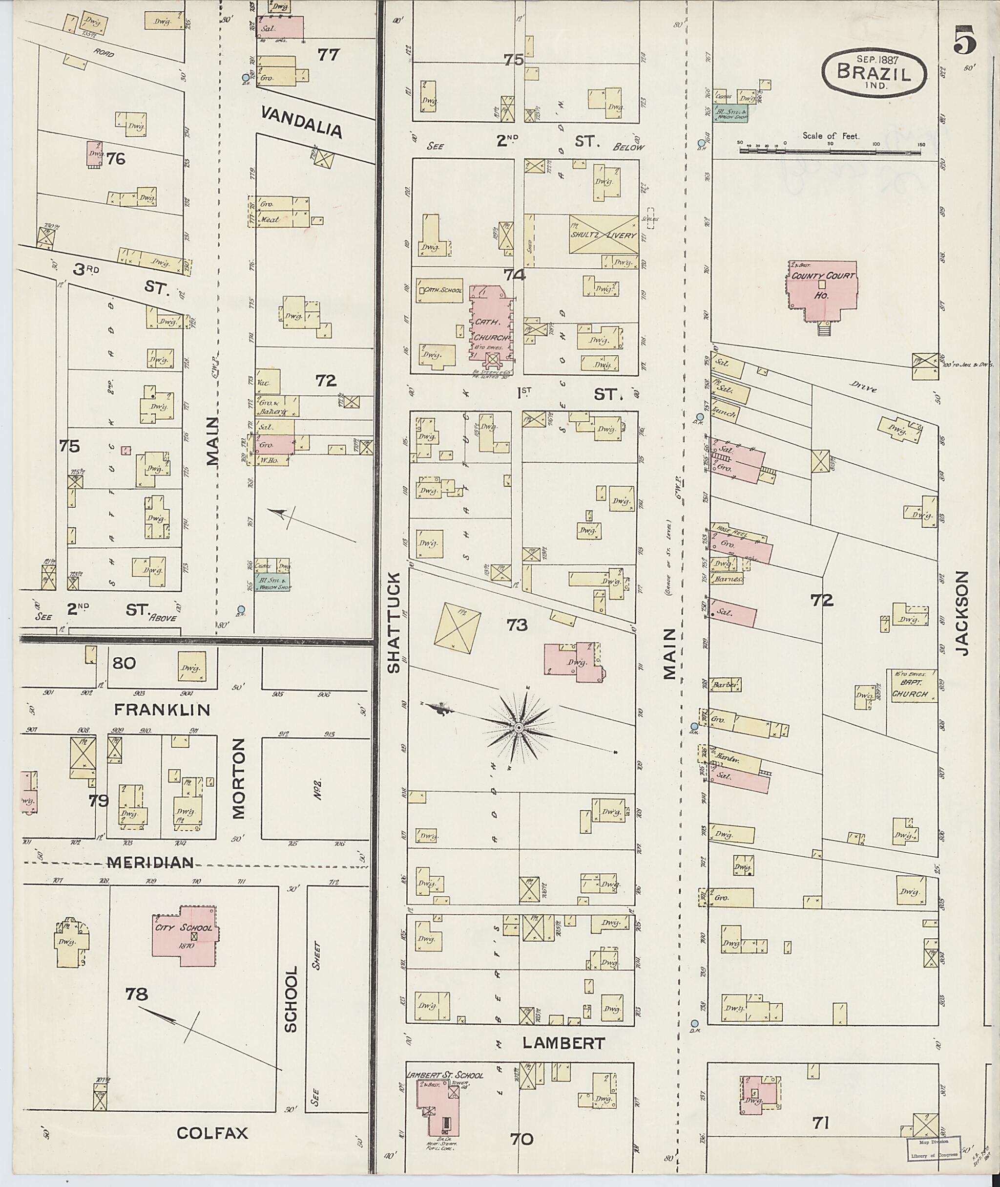 This old map of Brazil, Clay County, Indiana was created by Sanborn Map Company in 1887