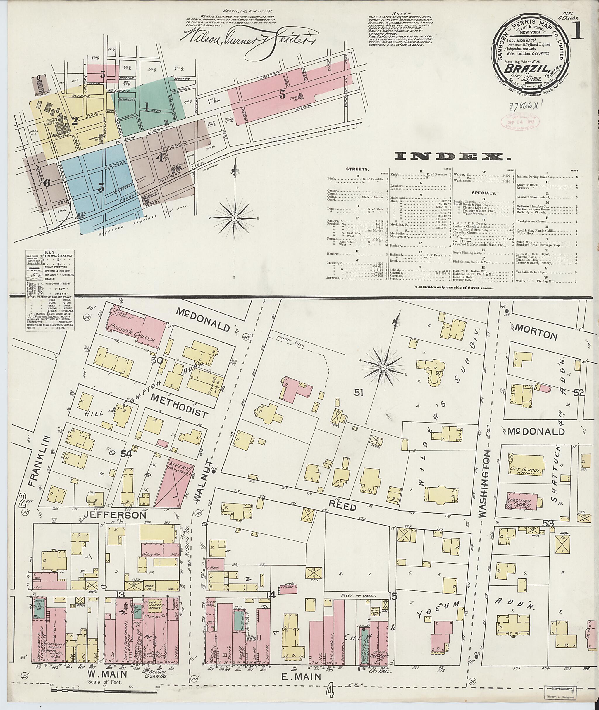 This old map of Brazil, Clay County, Indiana was created by Sanborn Map Company in 1892