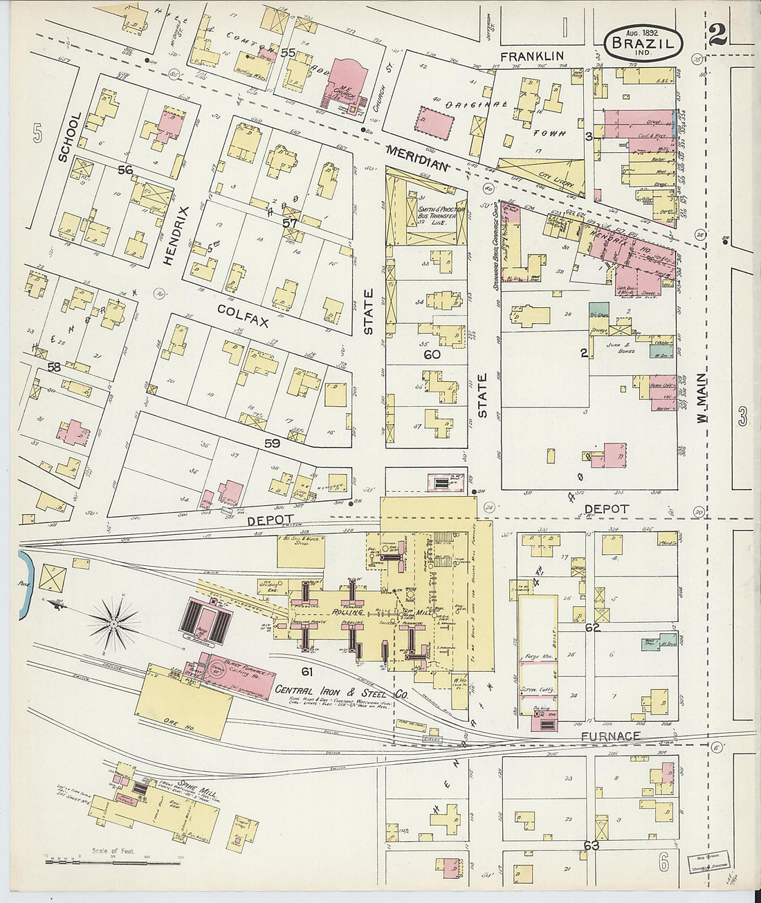 This old map of Brazil, Clay County, Indiana was created by Sanborn Map Company in 1892