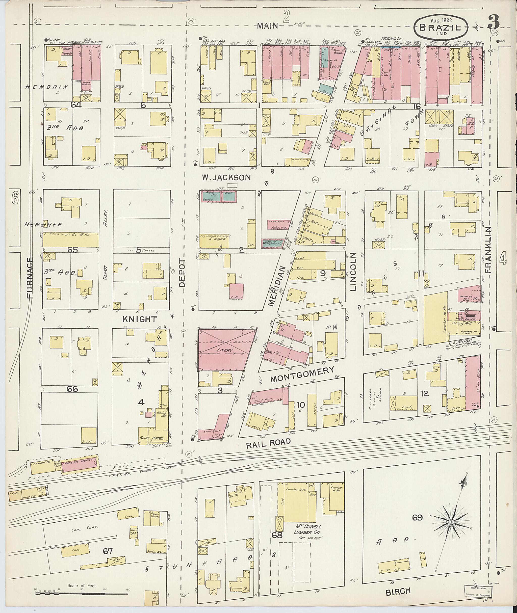 This old map of Brazil, Clay County, Indiana was created by Sanborn Map Company in 1892