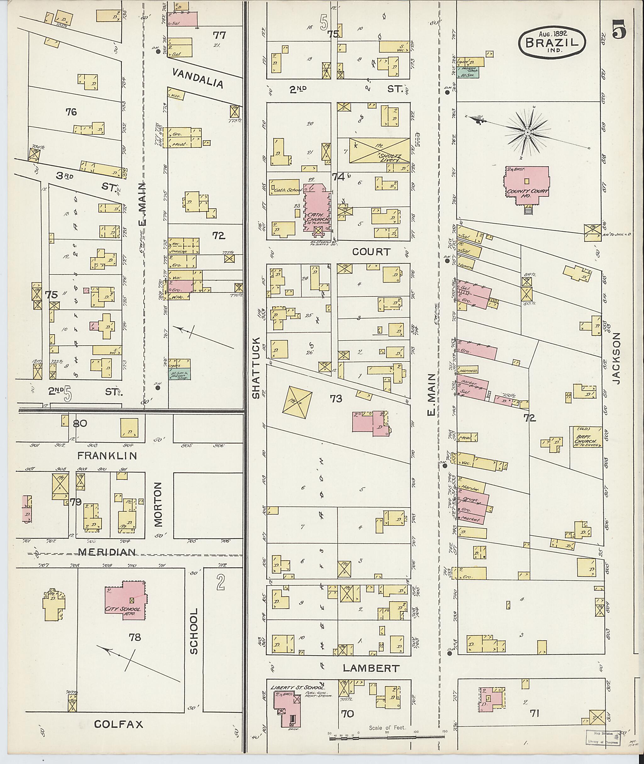 This old map of Brazil, Clay County, Indiana was created by Sanborn Map Company in 1892
