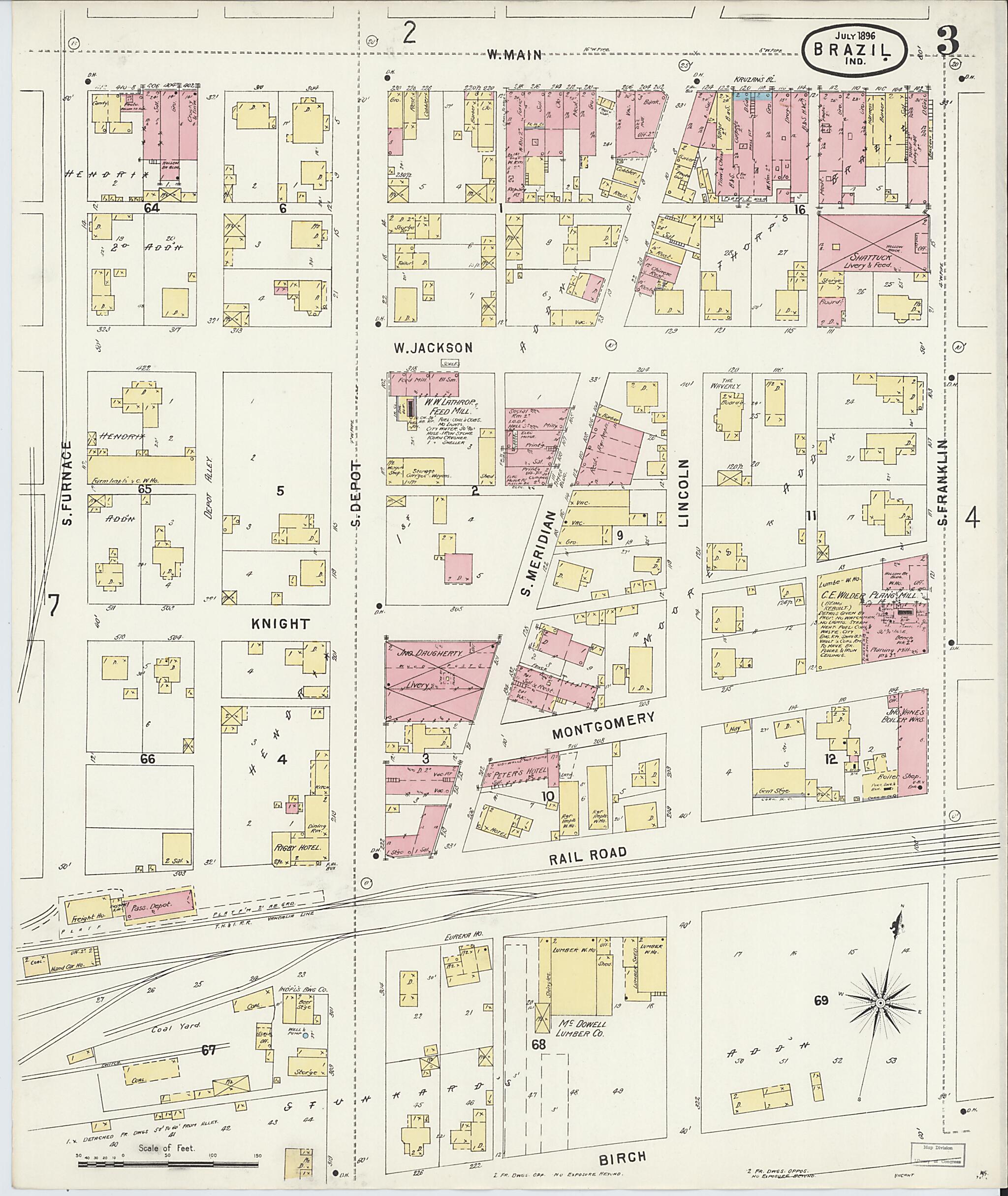 This old map of Brazil, Clay County, Indiana was created by Sanborn Map Company in 1896