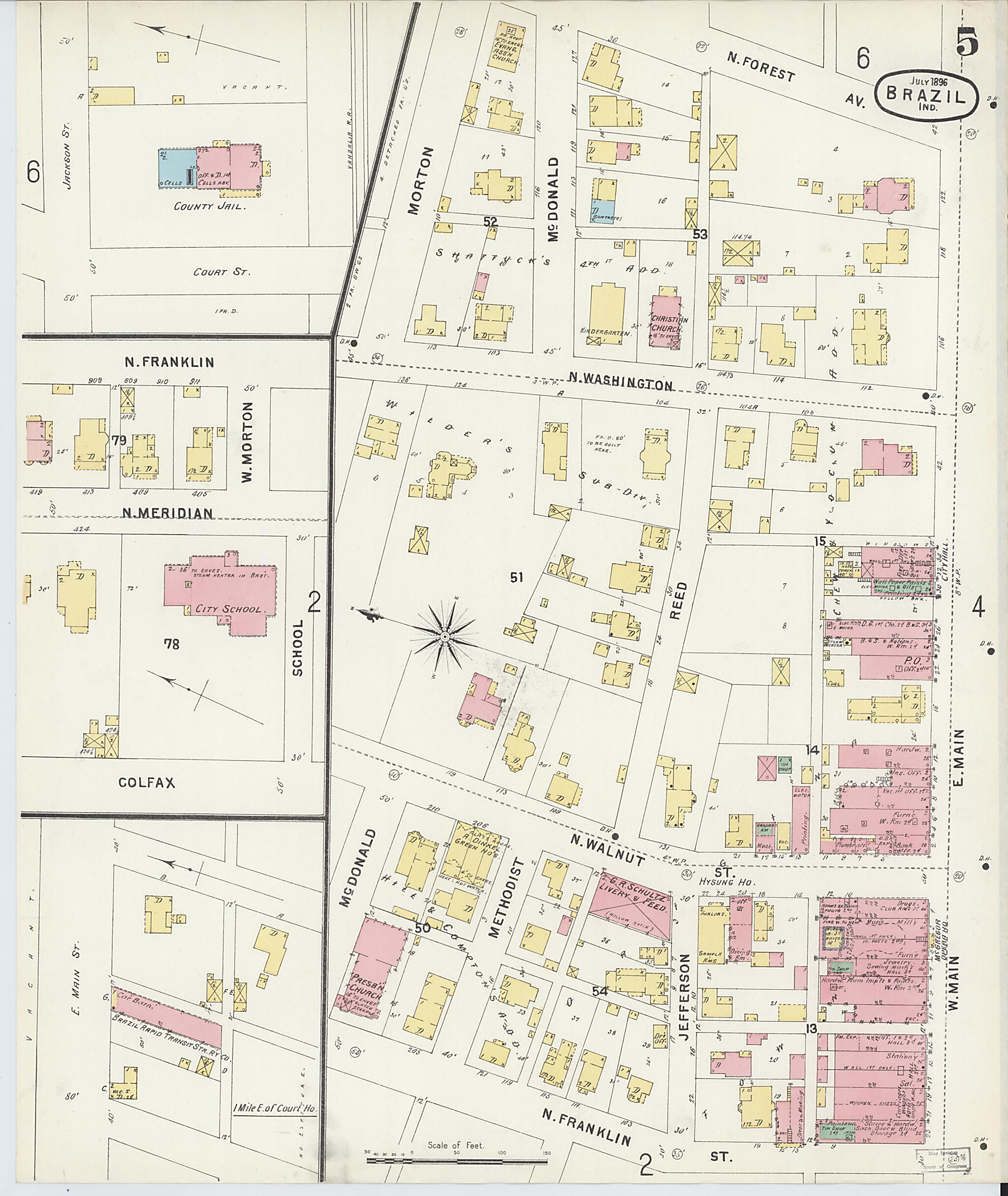 This old map of Brazil, Clay County, Indiana was created by Sanborn Map Company in 1896