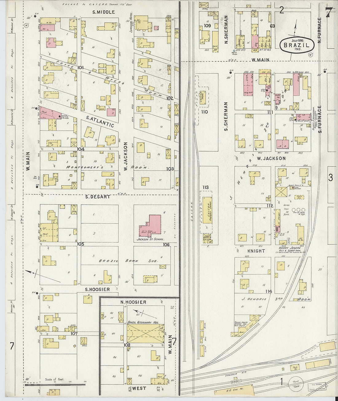 This old map of Brazil, Clay County, Indiana was created by Sanborn Map Company in 1896