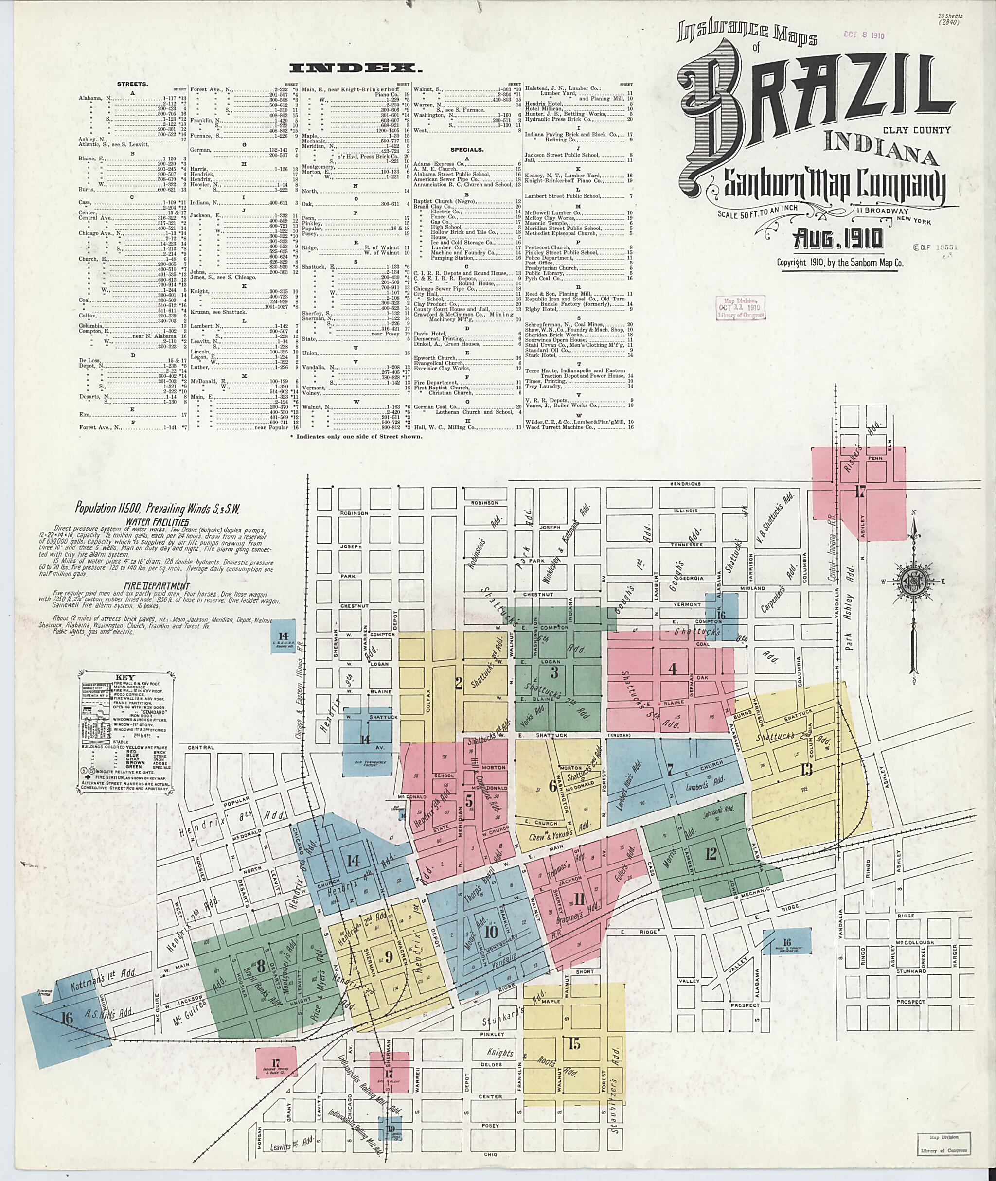 This old map of Brazil, Clay County, Indiana was created by Sanborn Map Company in 1910