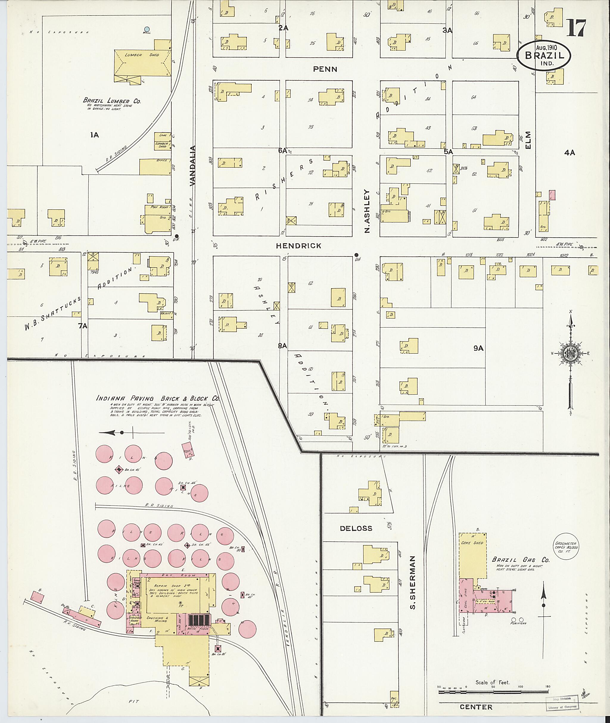 This old map of Brazil, Clay County, Indiana was created by Sanborn Map Company in 1910