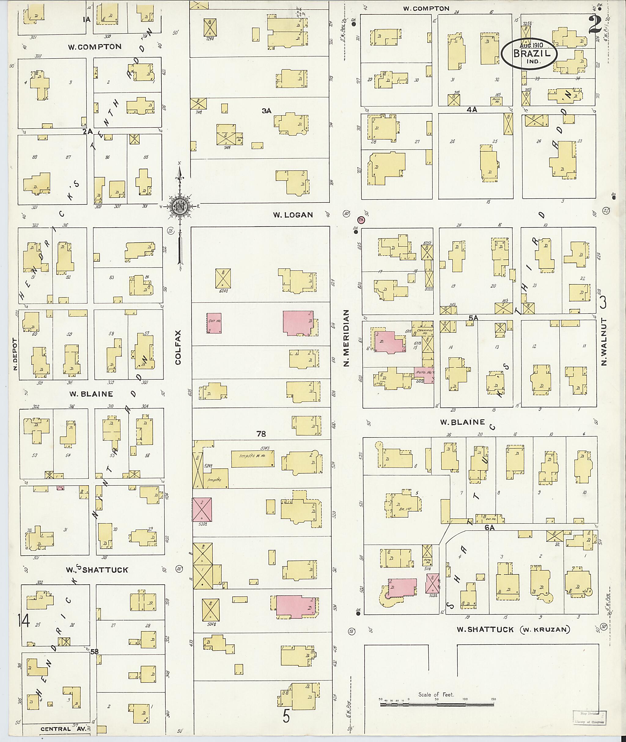 This old map of Brazil, Clay County, Indiana was created by Sanborn Map Company in 1910