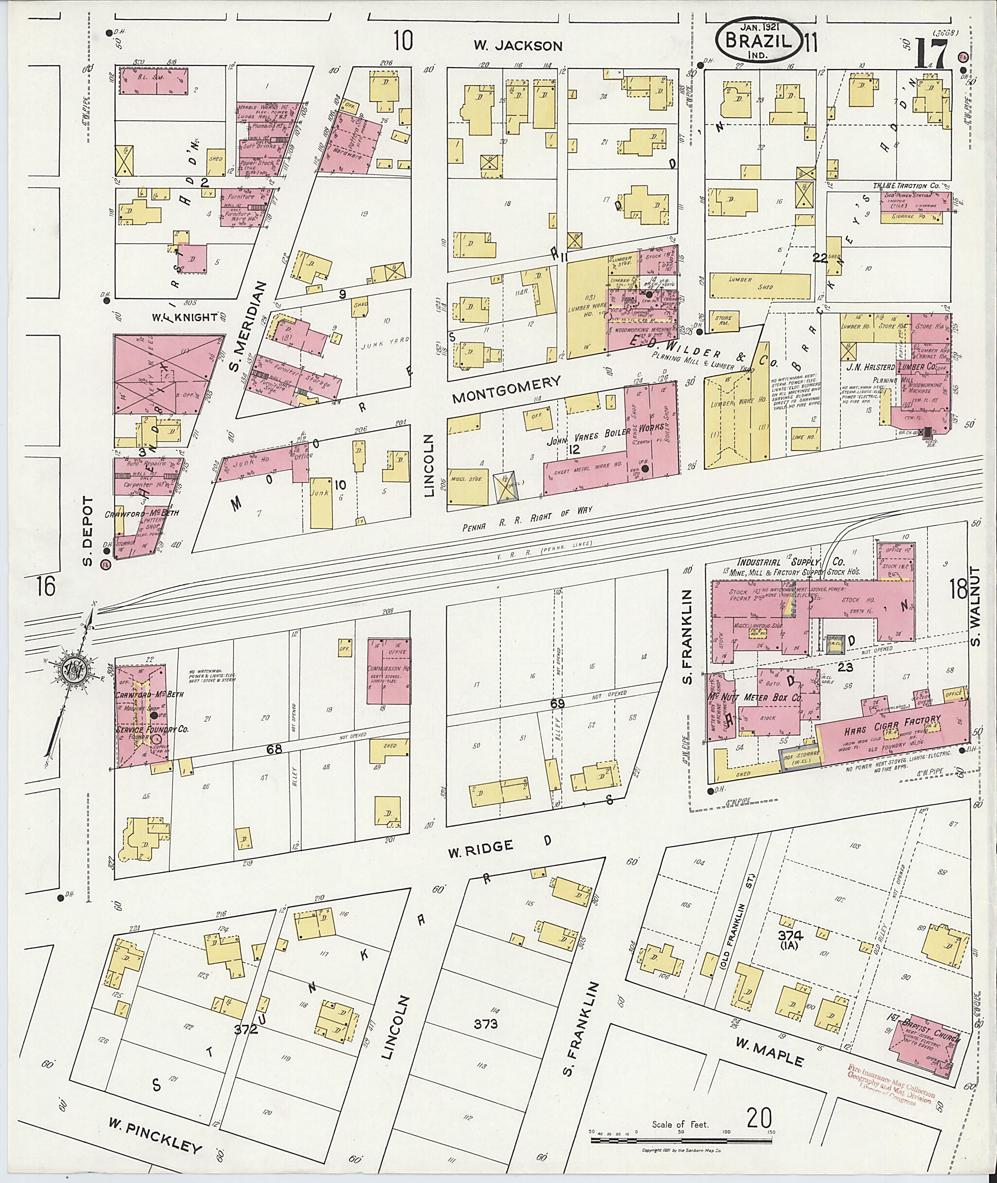 This old map of Brazil, Clay County, Indiana was created by Sanborn Map Company in 1921