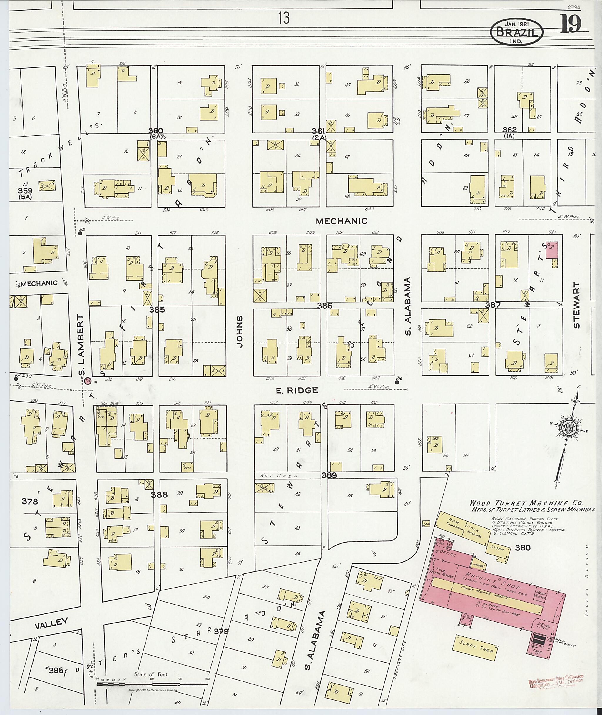 This old map of Brazil, Clay County, Indiana was created by Sanborn Map Company in 1921