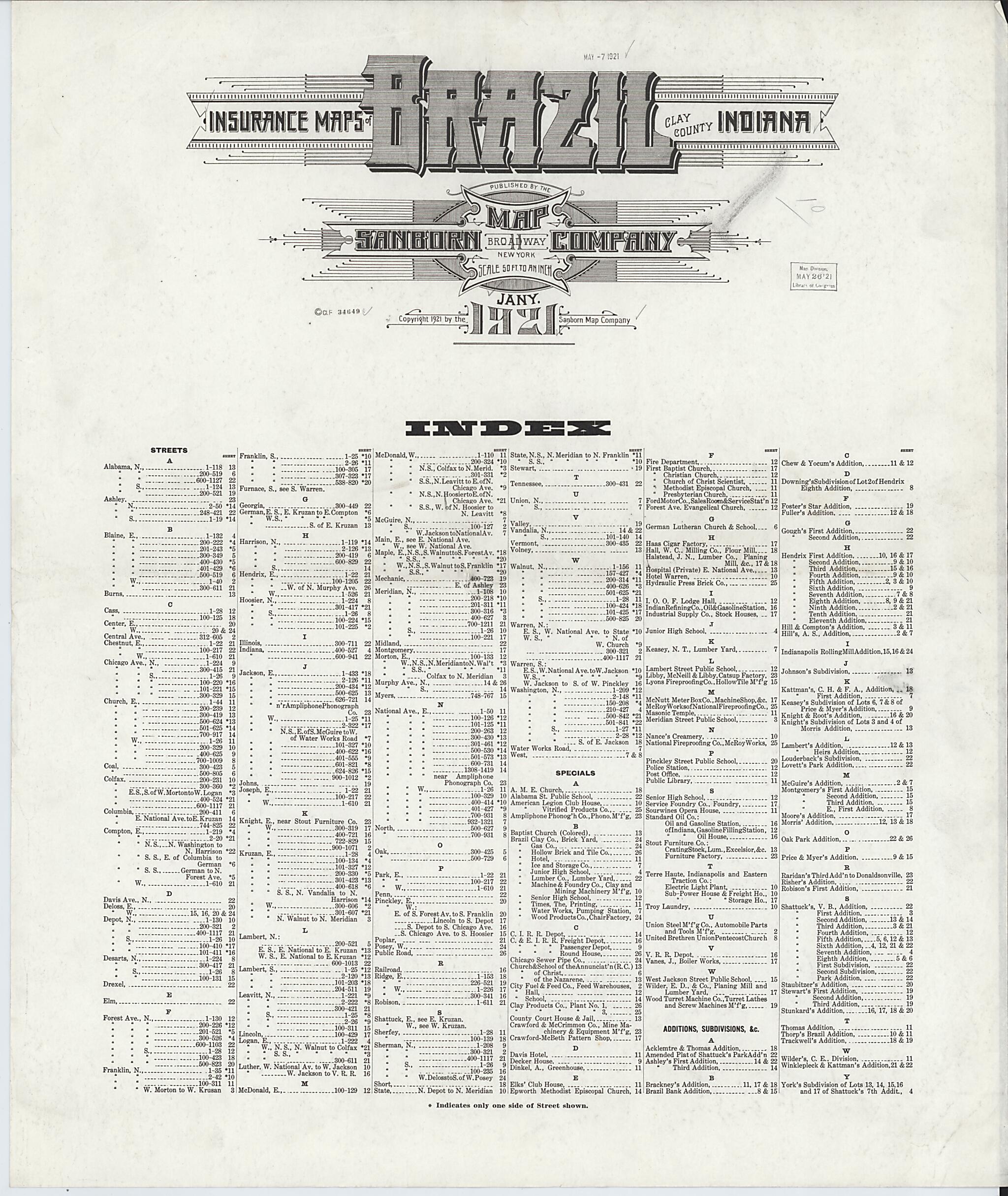 This old map of Brazil, Clay County, Indiana was created by Sanborn Map Company in 1921