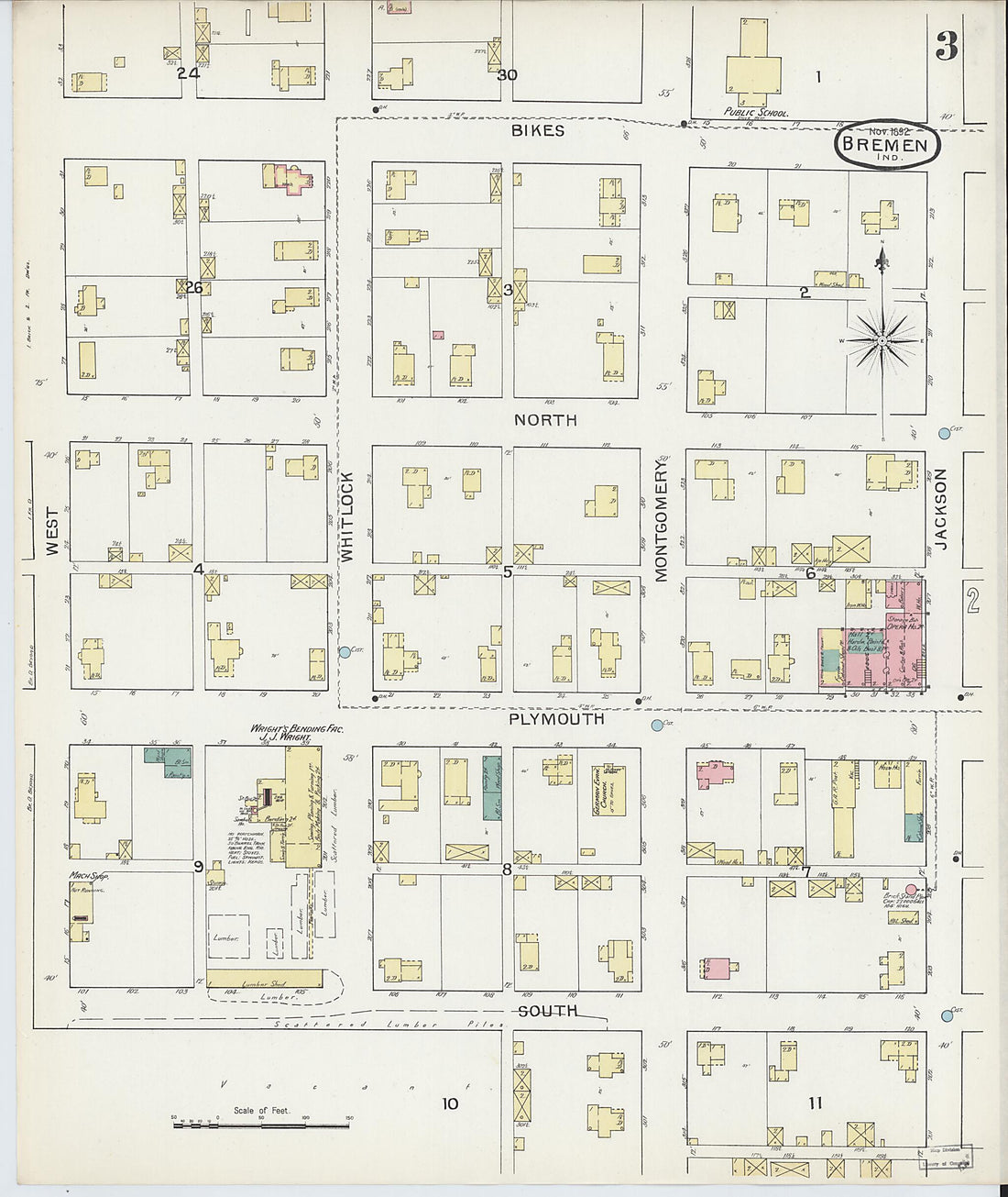 This old map of Bremen, Marshall County, Indiana was created by Sanborn Map Company in 1892