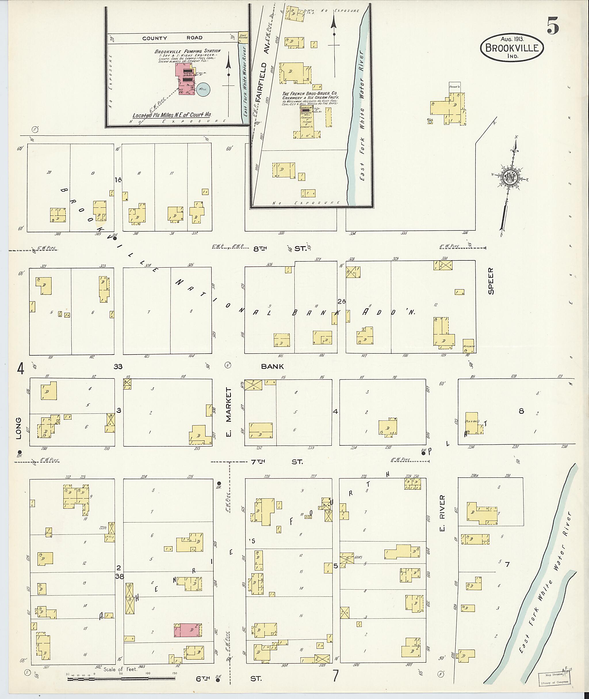 This old map of Brookville, Franklin County, Indiana was created by Sanborn Map Company in 1913
