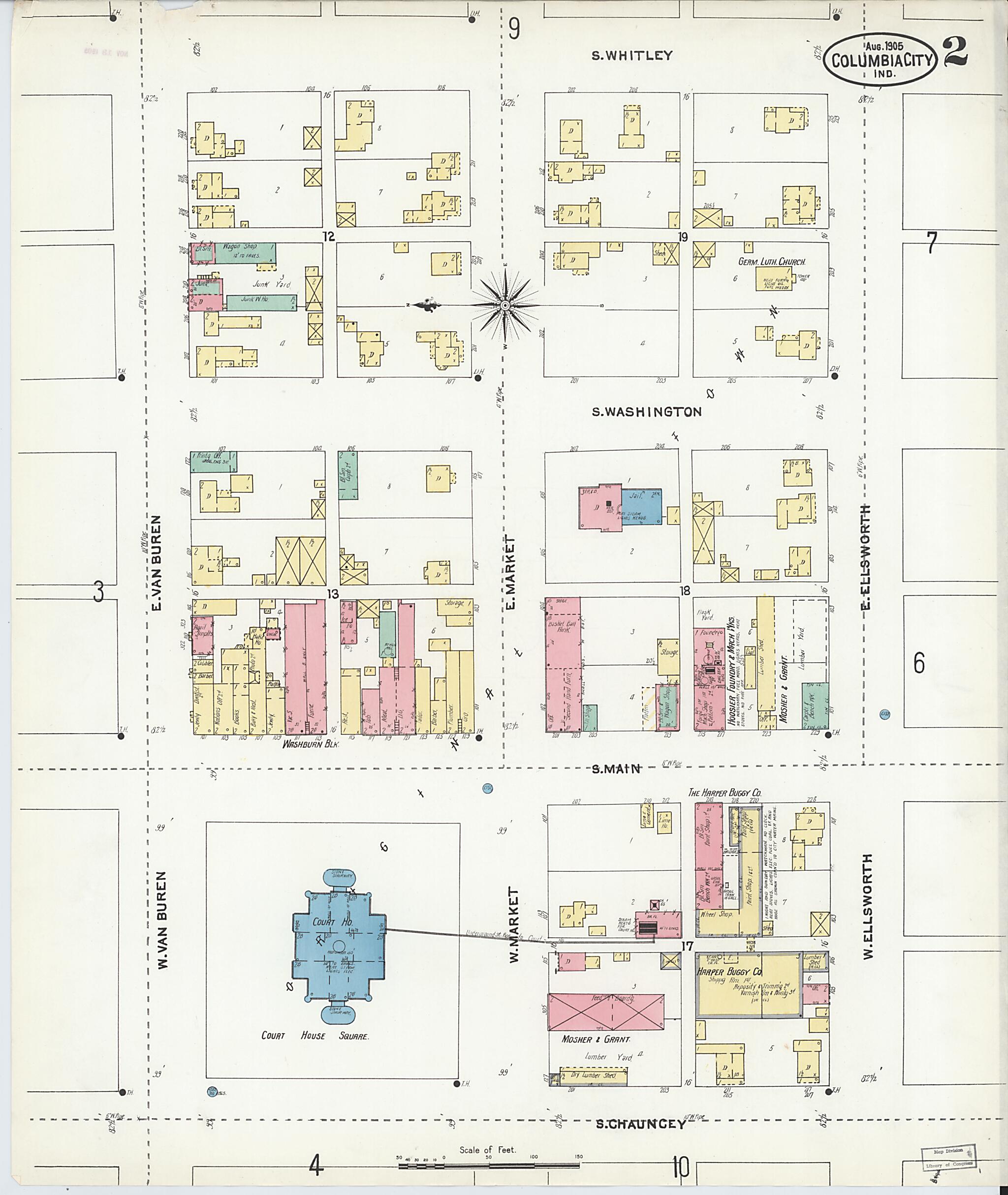 This old map of Columbia City, Whitley County, Indiana was created by Sanborn Map Company in 1905
