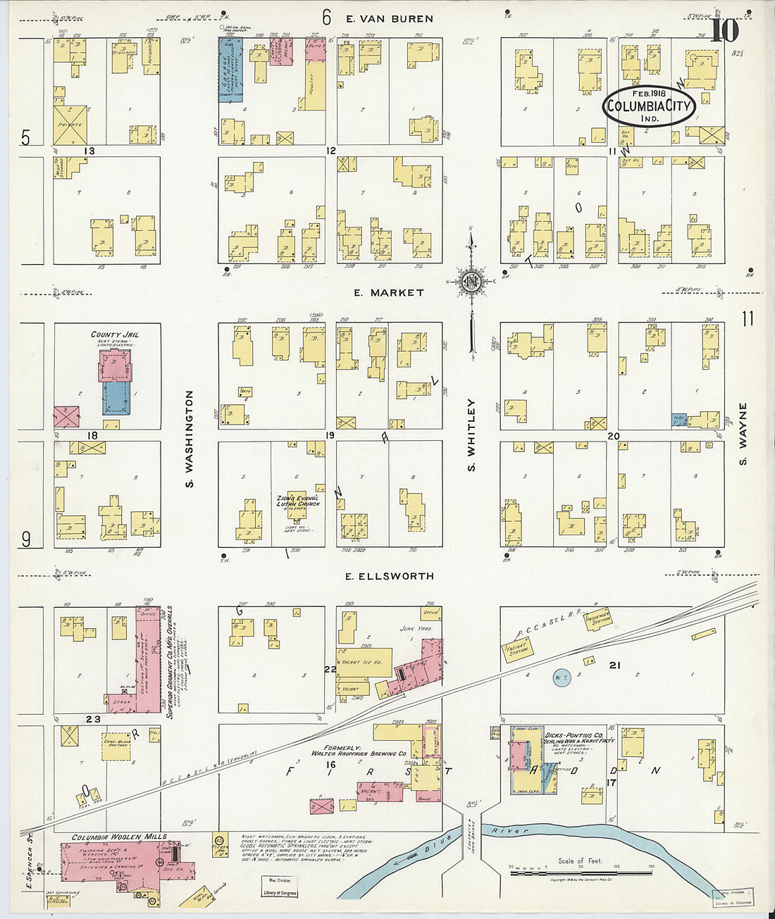 This old map of Columbia City, Whitley County, Indiana was created by Sanborn Map Company in 1918