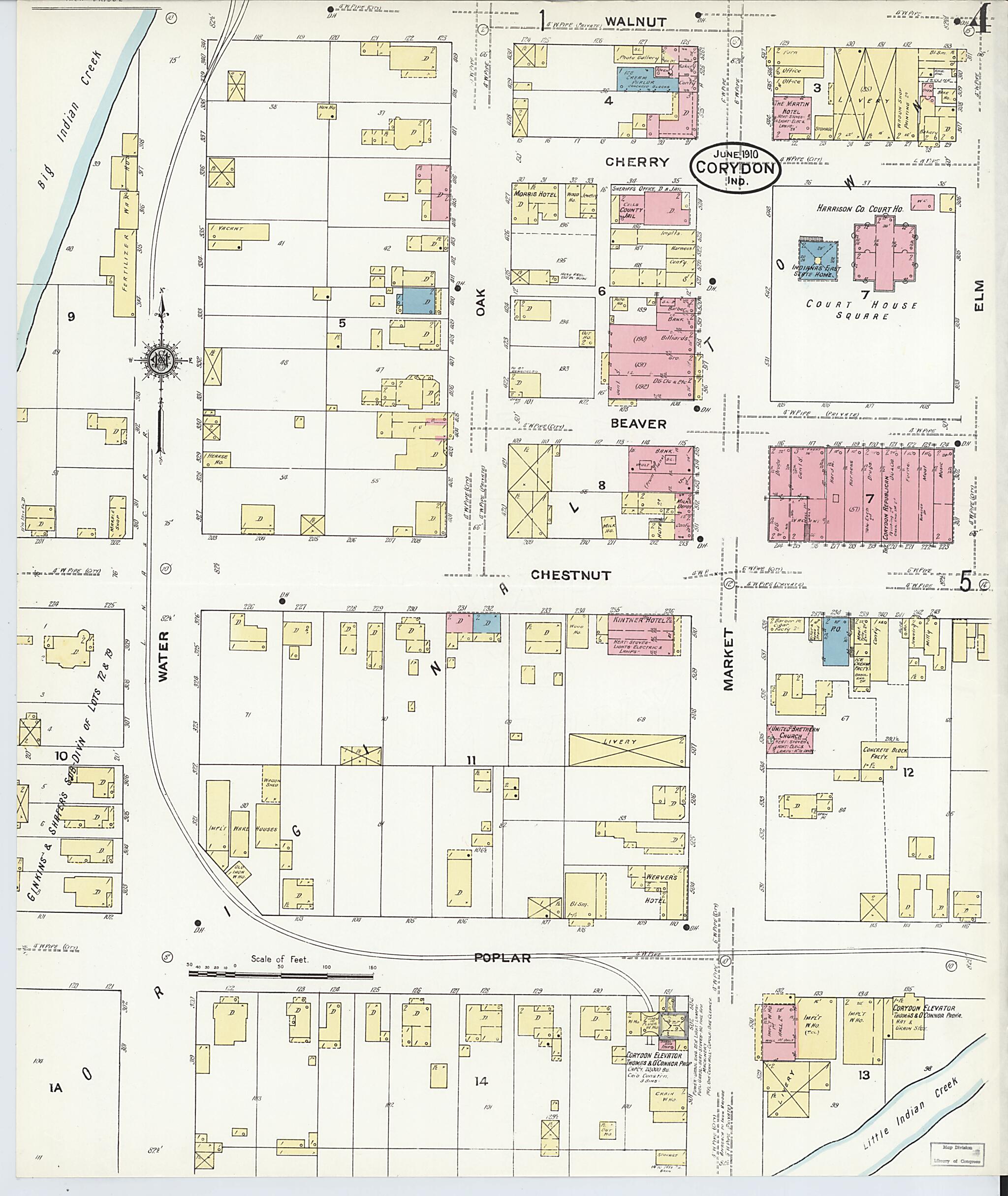 This old map of Corydon, Harrison County, Indiana was created by Sanborn Map Company in 1910