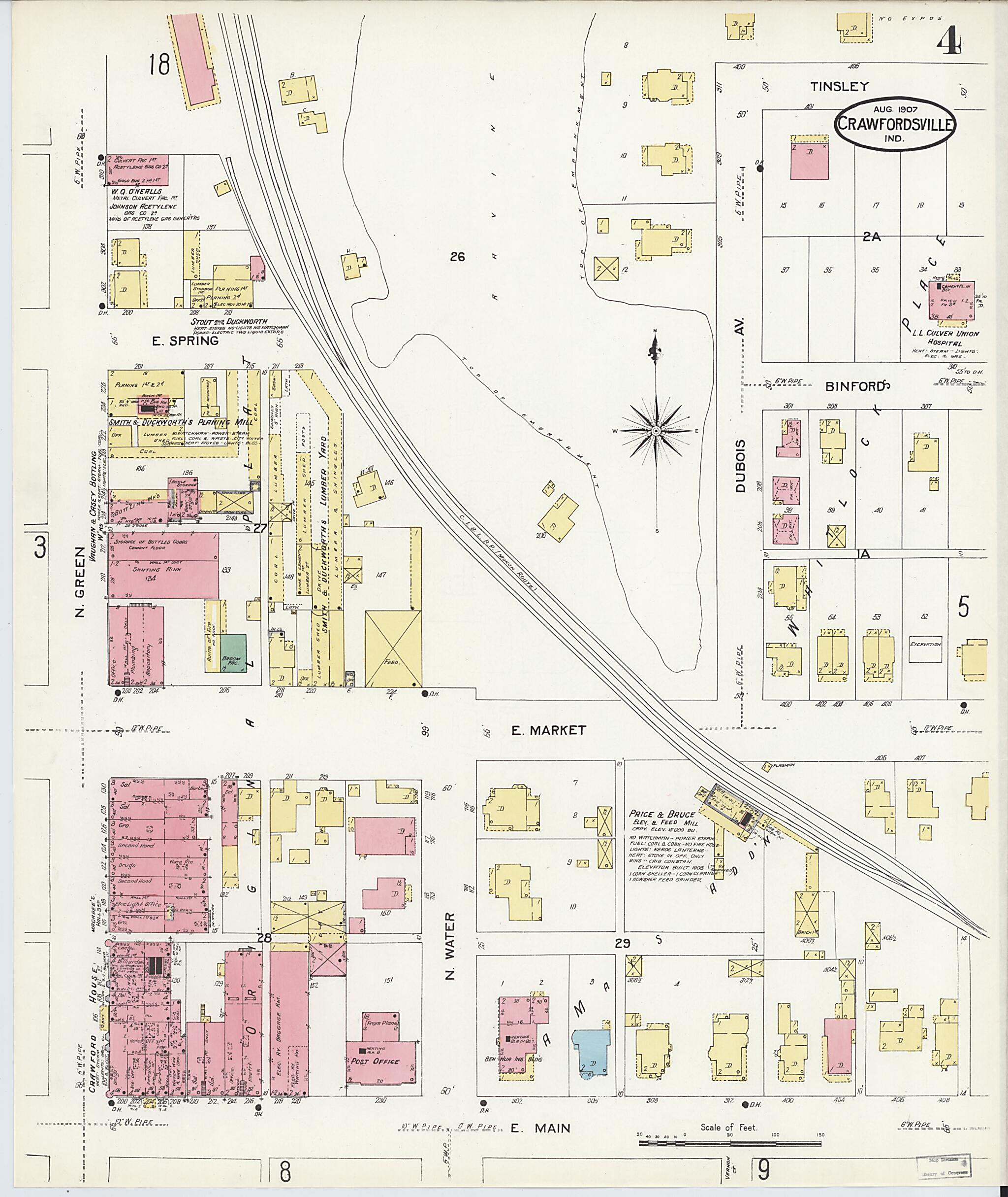 This old map of Crawfordsville, Montgomery County, Indiana was created by Sanborn Map Company in 1907