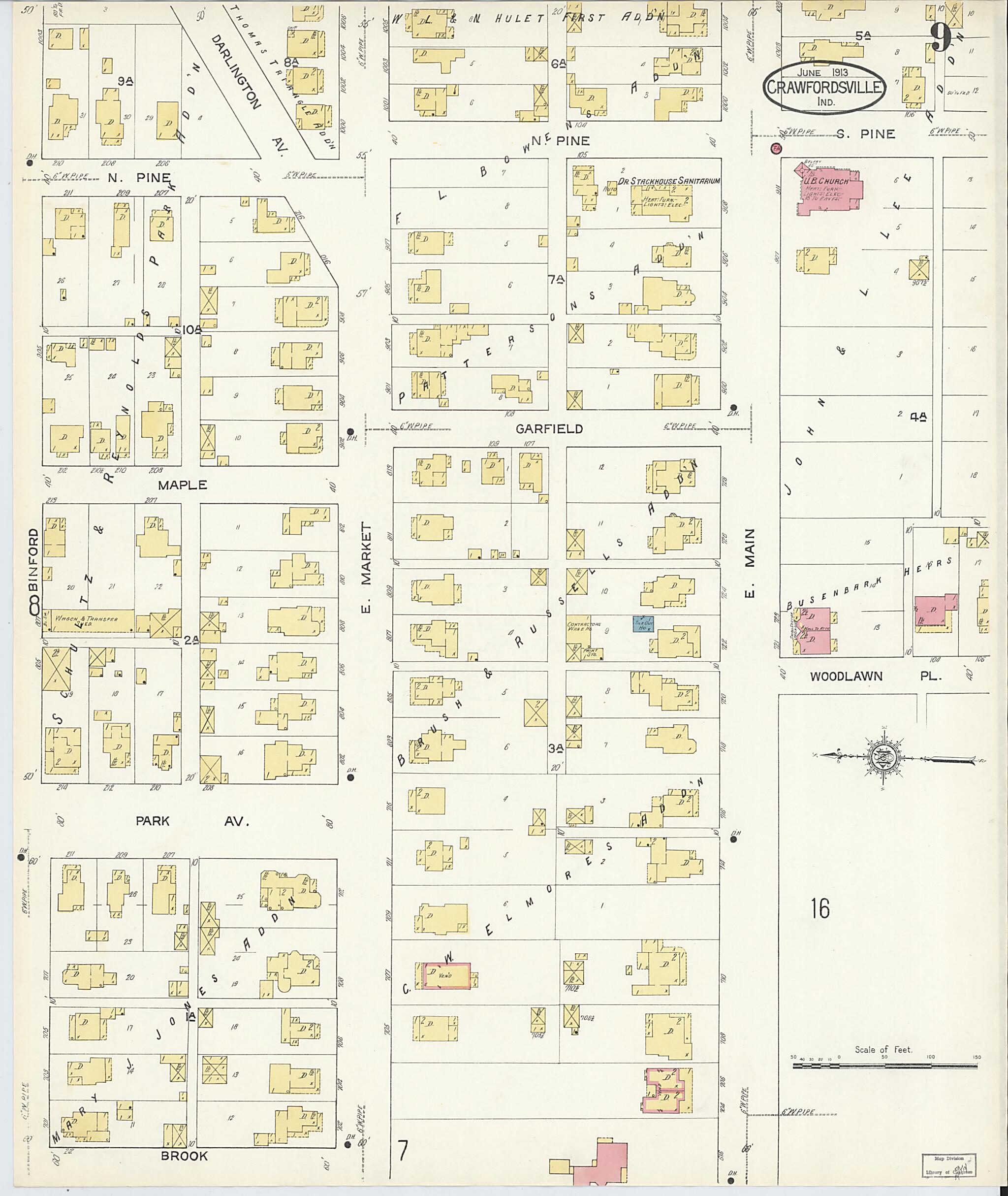 This old map of Crawfordsville, Montgomery County, Indiana was created by Sanborn Map Company in 1913
