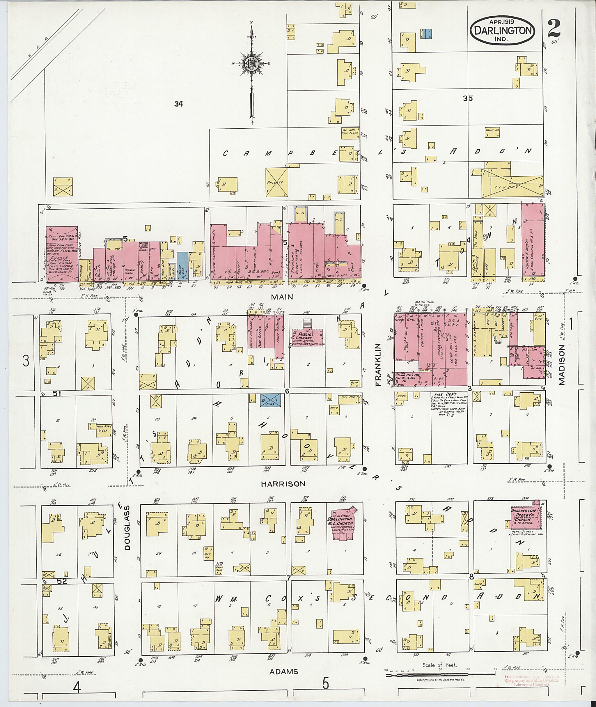 This old map of Darlington, Montgomery County, Indiana was created by Sanborn Map Company in 1919
