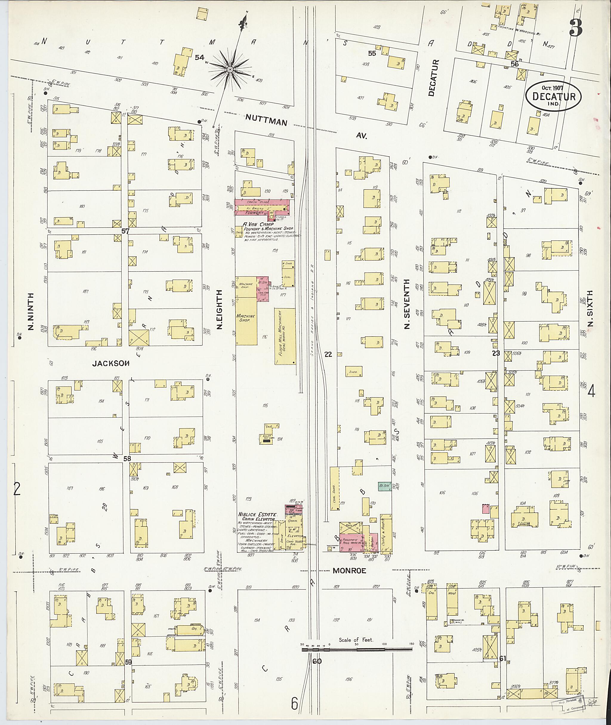 This old map of Decatur, Adams County, Indiana was created by Sanborn Map Company in 1907