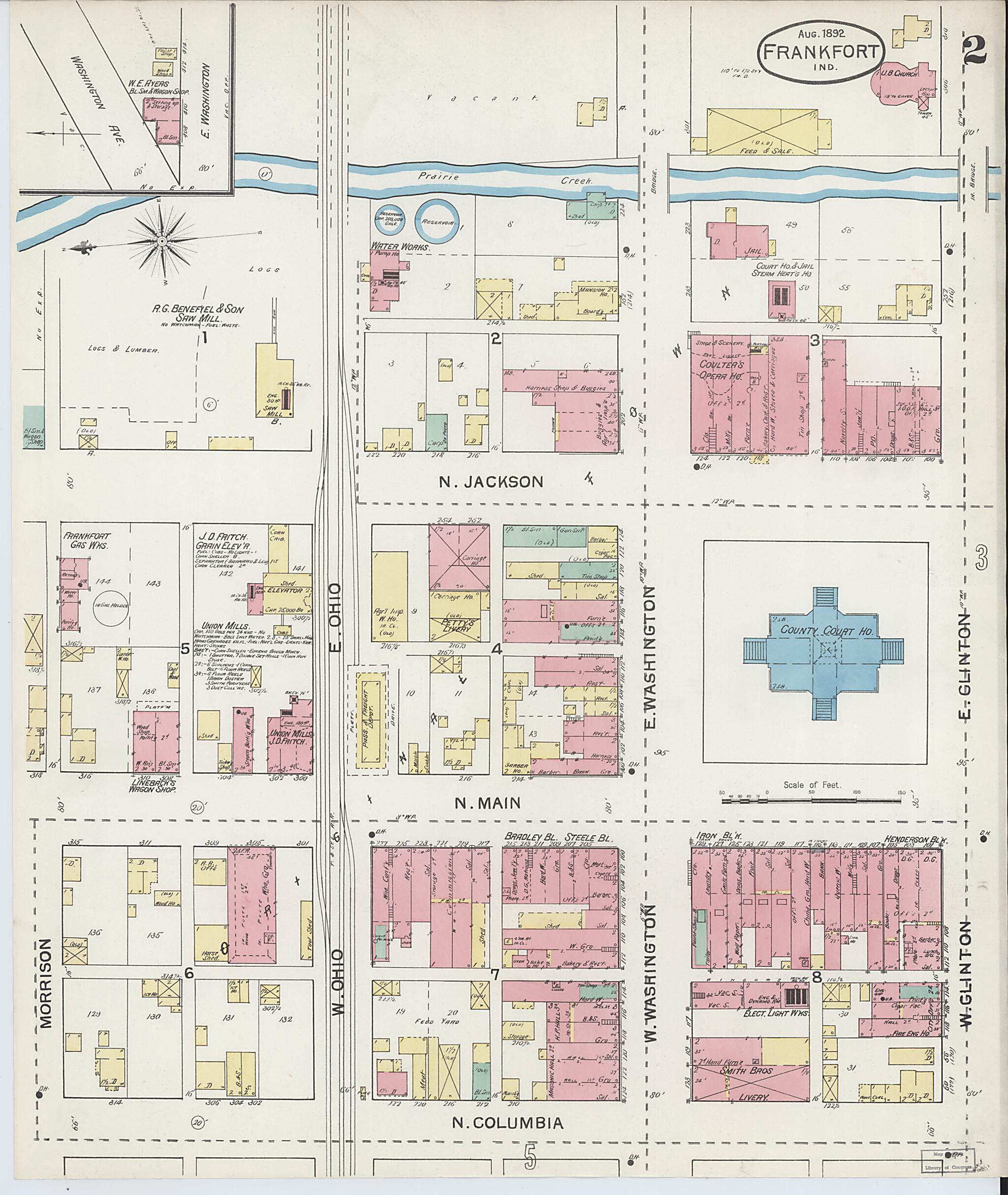 This old map of Frankfort, Clinton County, Indiana was created by Sanborn Map Company in 1892