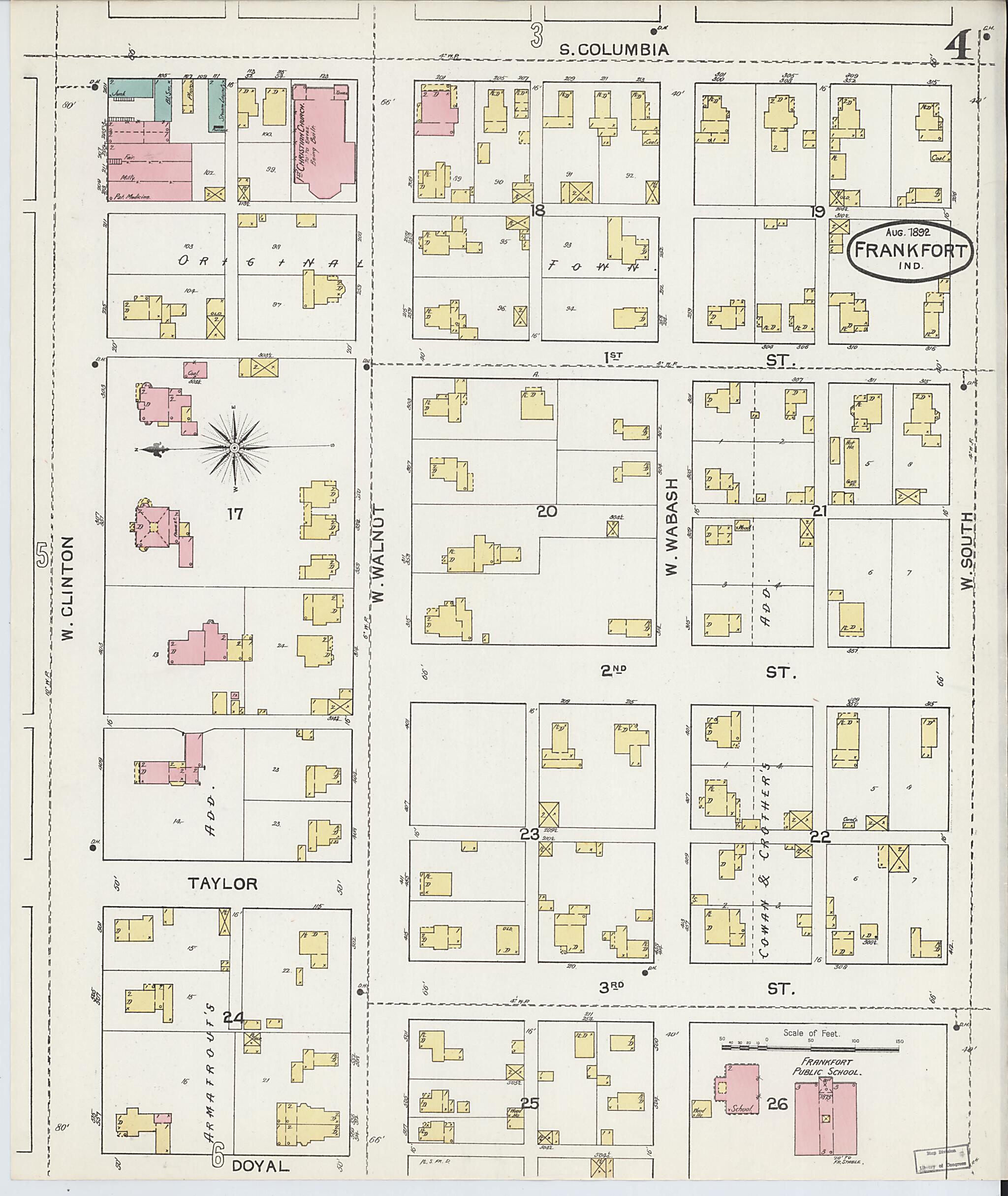 This old map of Frankfort, Clinton County, Indiana was created by Sanborn Map Company in 1892