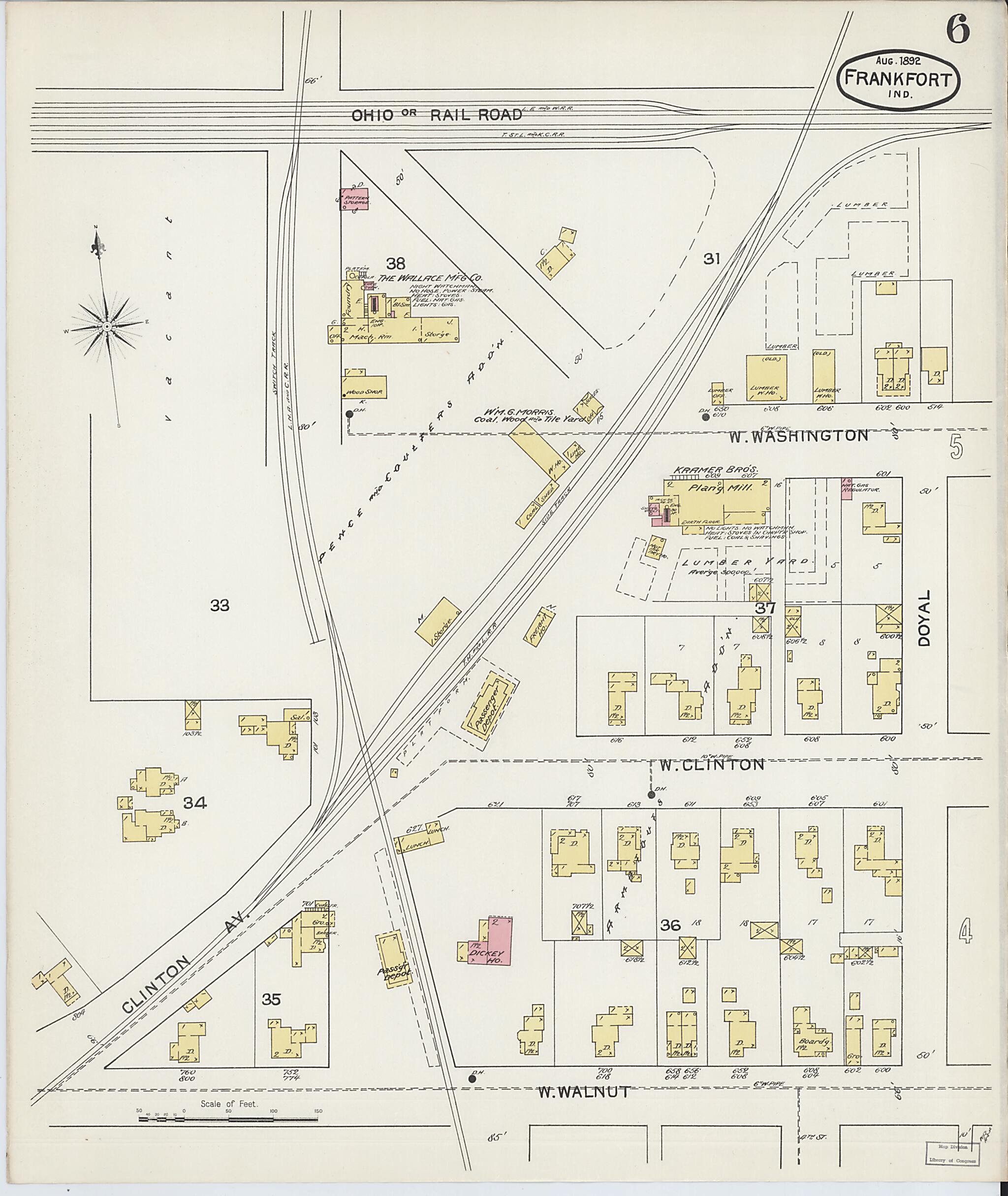 This old map of Frankfort, Clinton County, Indiana was created by Sanborn Map Company in 1892