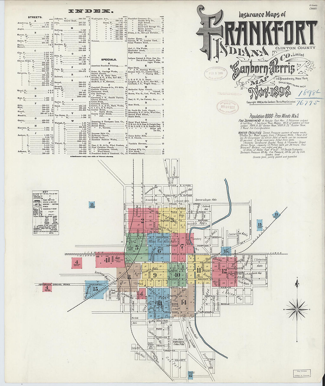 This old map of Frankfort, Clinton County, Indiana was created by Sanborn Map Company in 1898