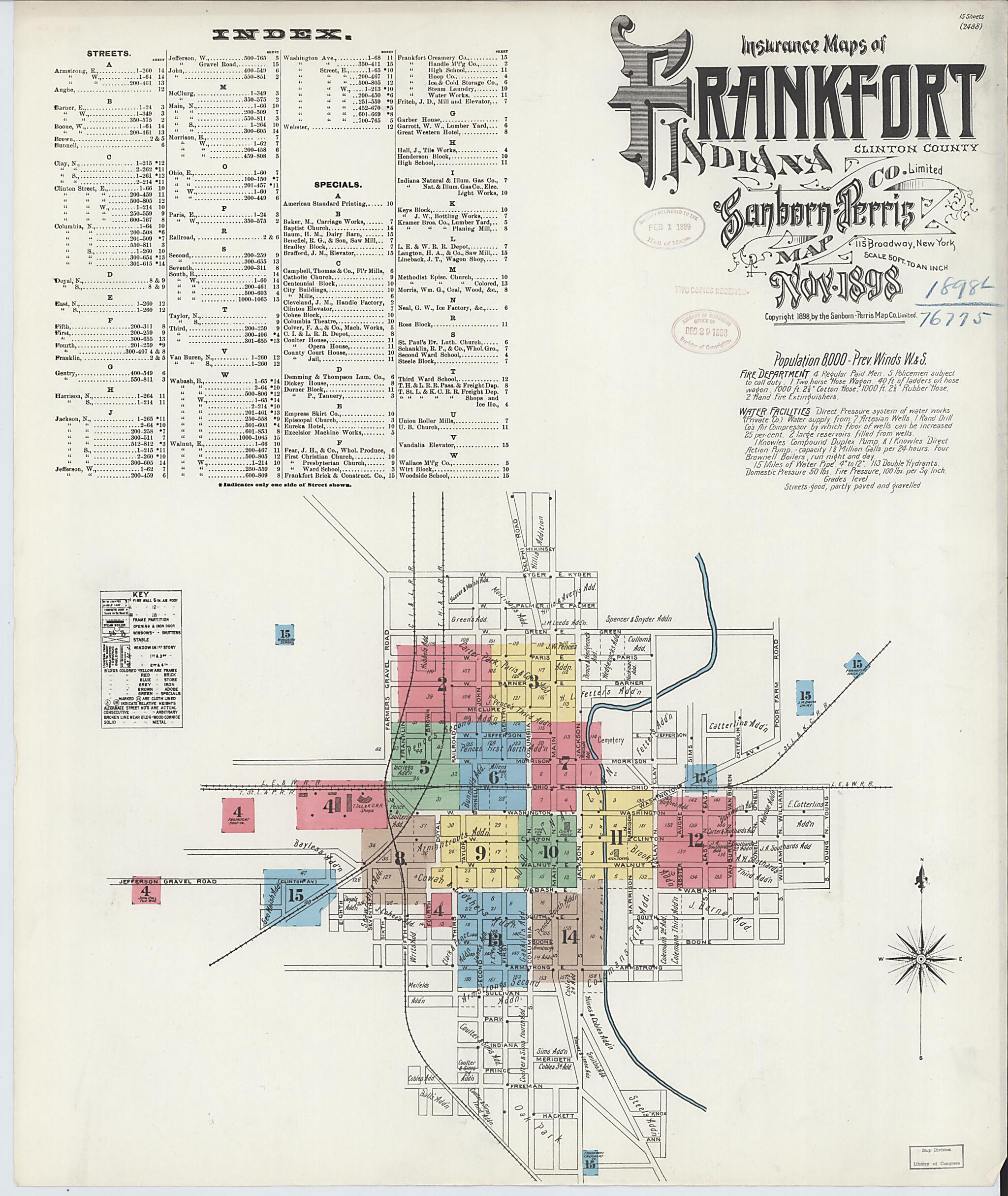 This old map of Frankfort, Clinton County, Indiana was created by Sanborn Map Company in 1898