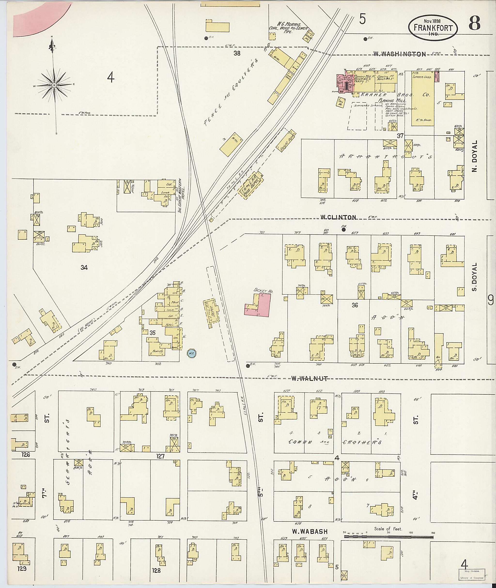 This old map of Frankfort, Clinton County, Indiana was created by Sanborn Map Company in 1898