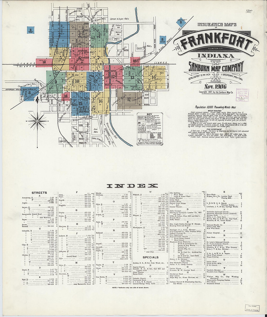 This old map of Frankfort, Clinton County, Indiana was created by Sanborn Map Company in 1906