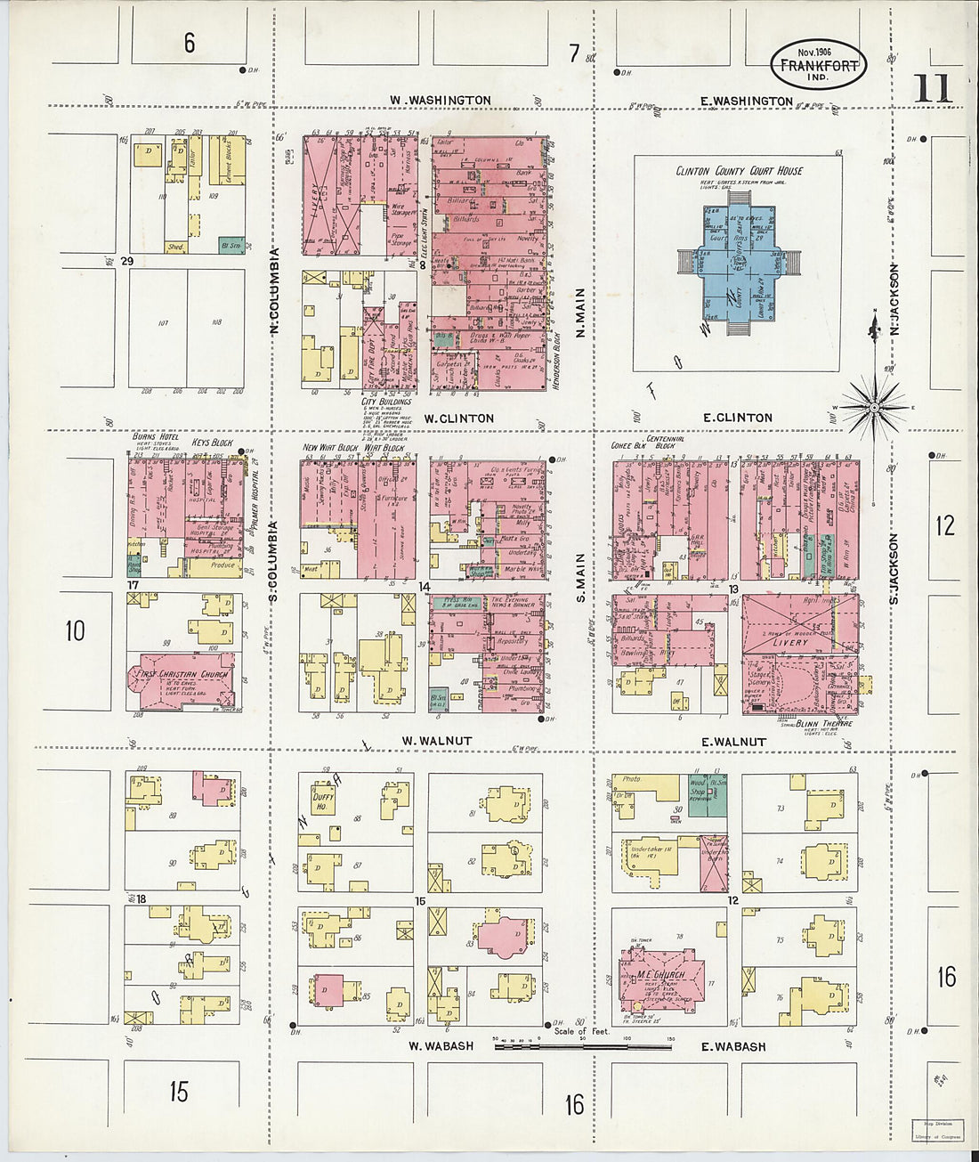 This old map of Frankfort, Clinton County, Indiana was created by Sanborn Map Company in 1906