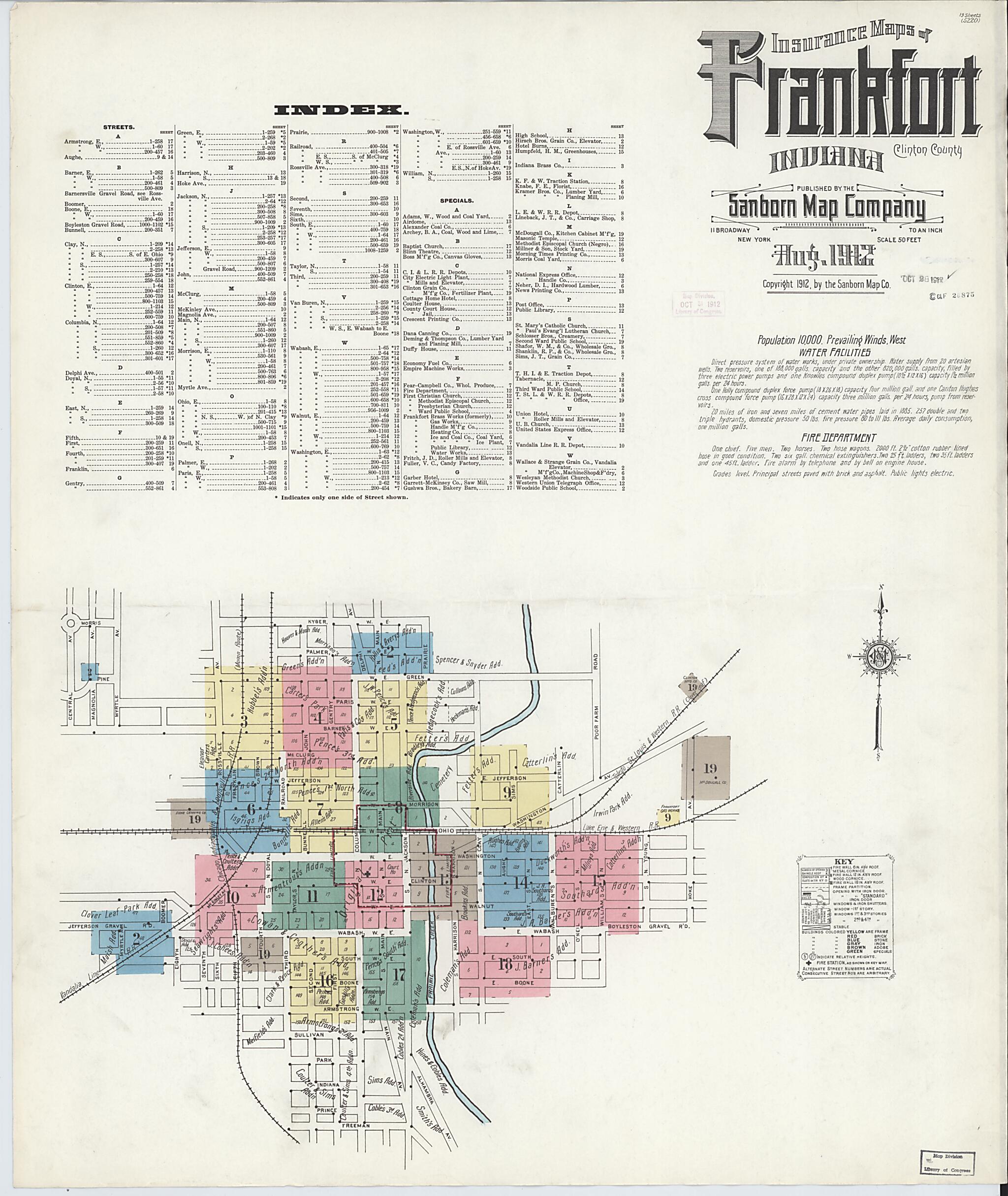 This old map of Frankfort, Clinton County, Indiana was created by Sanborn Map Company in 1912