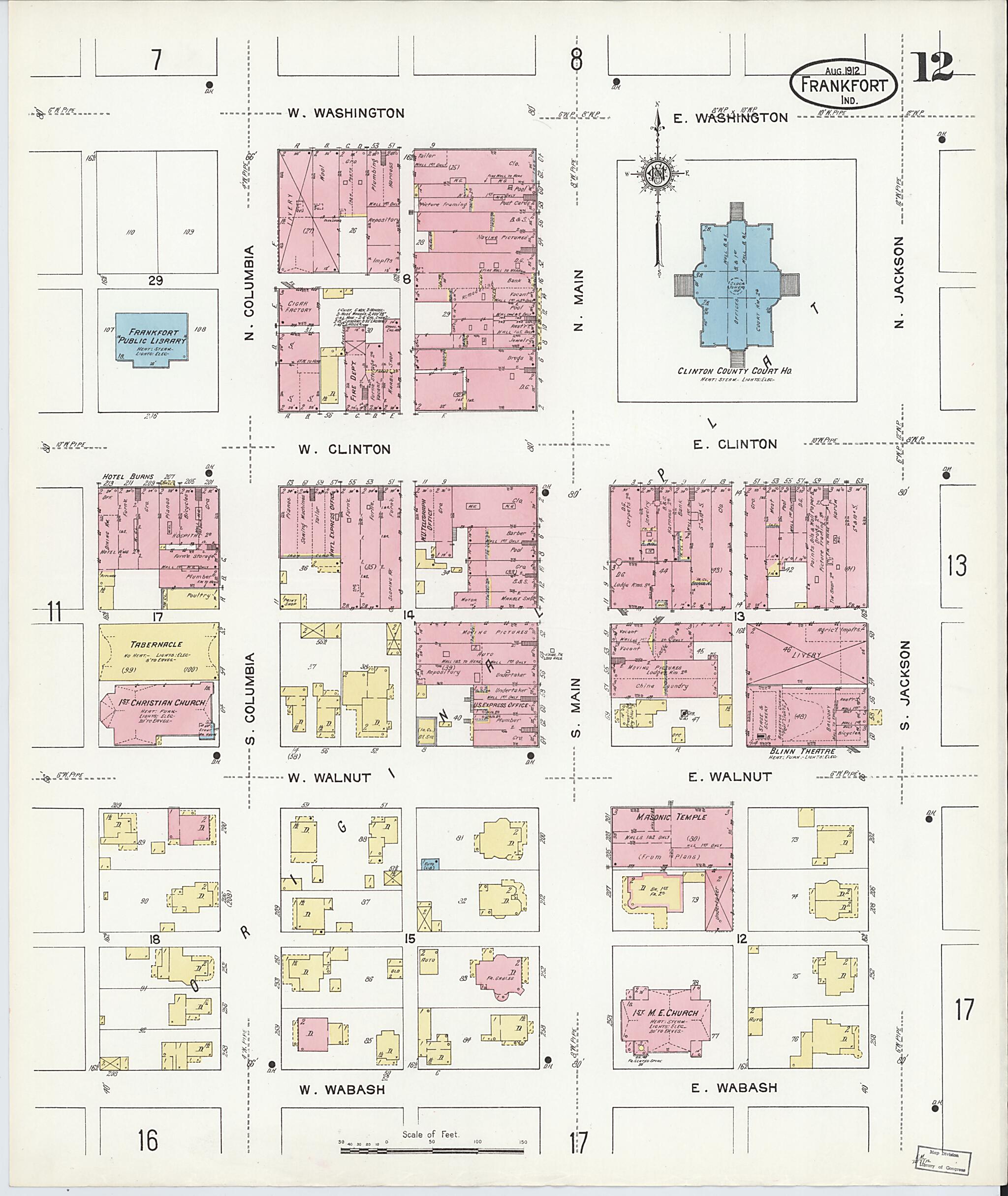 This old map of Frankfort, Clinton County, Indiana was created by Sanborn Map Company in 1912