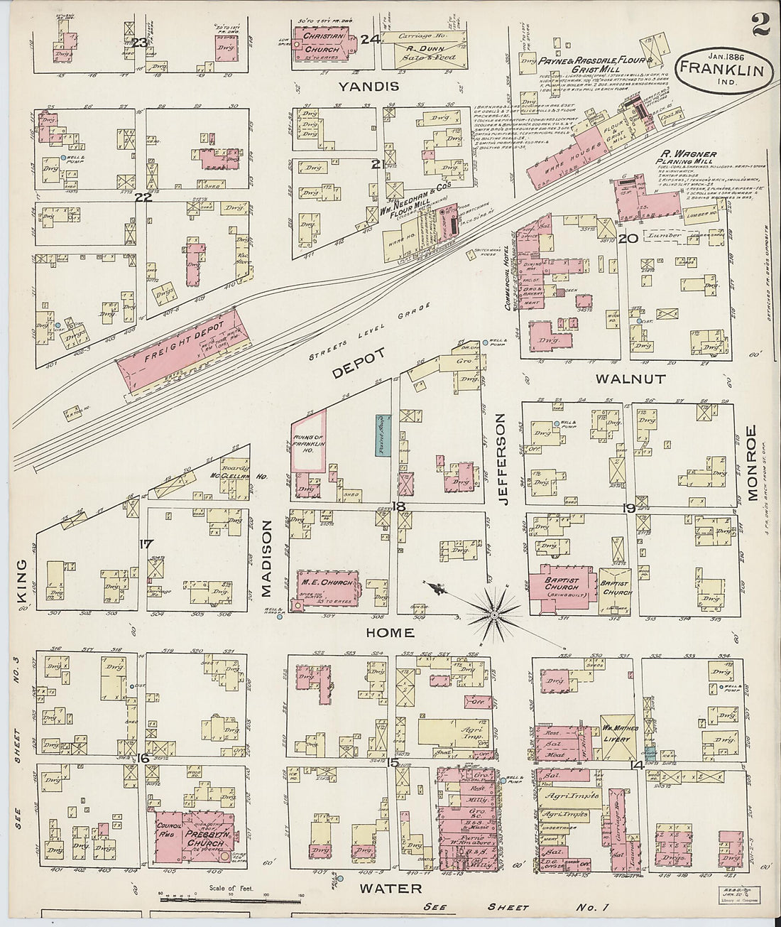 This old map of Franklin, Johnson County, Indiana was created by Sanborn Map Company in 1886