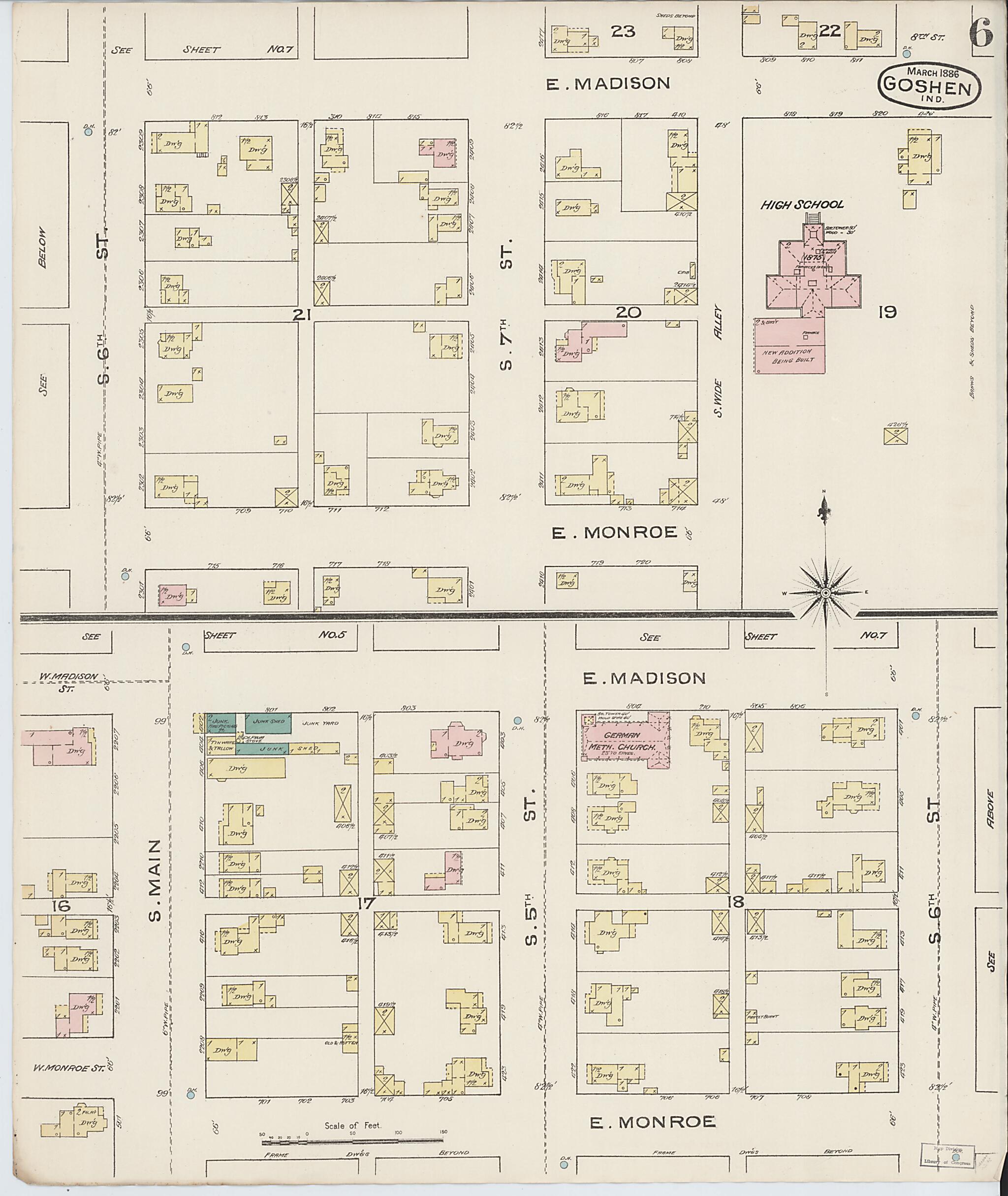 This old map of Goshen, Elkhart County, Indiana was created by Sanborn Map Company in 1886