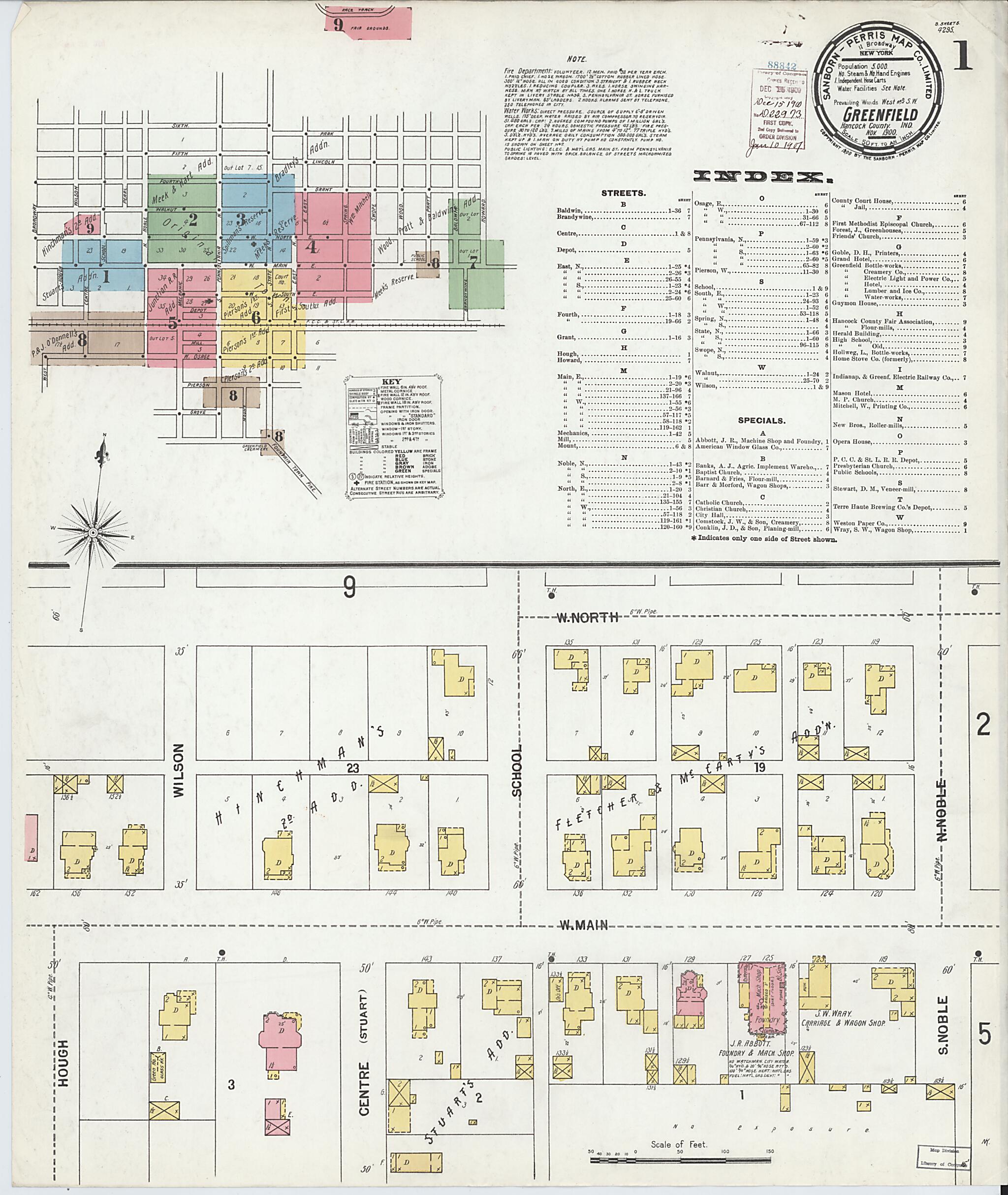 This old map of Greenfield, Hancock County, Indiana was created by Sanborn Map Company in 1900
