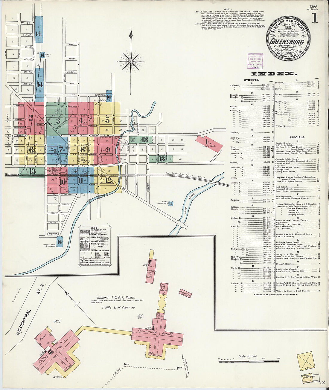 This old map of Greensburg, Decatur County, Indiana was created by Sanborn Map Company in 1906