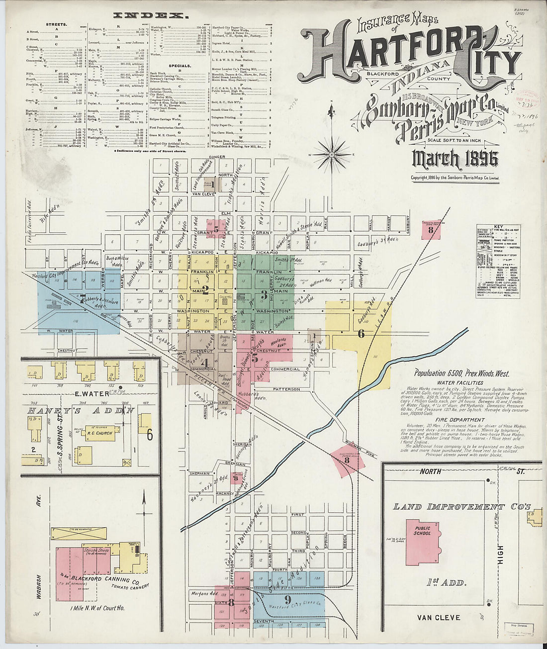 This old map of Hartford City, Blackford County, Indiana was created by Sanborn Map Company in 1896