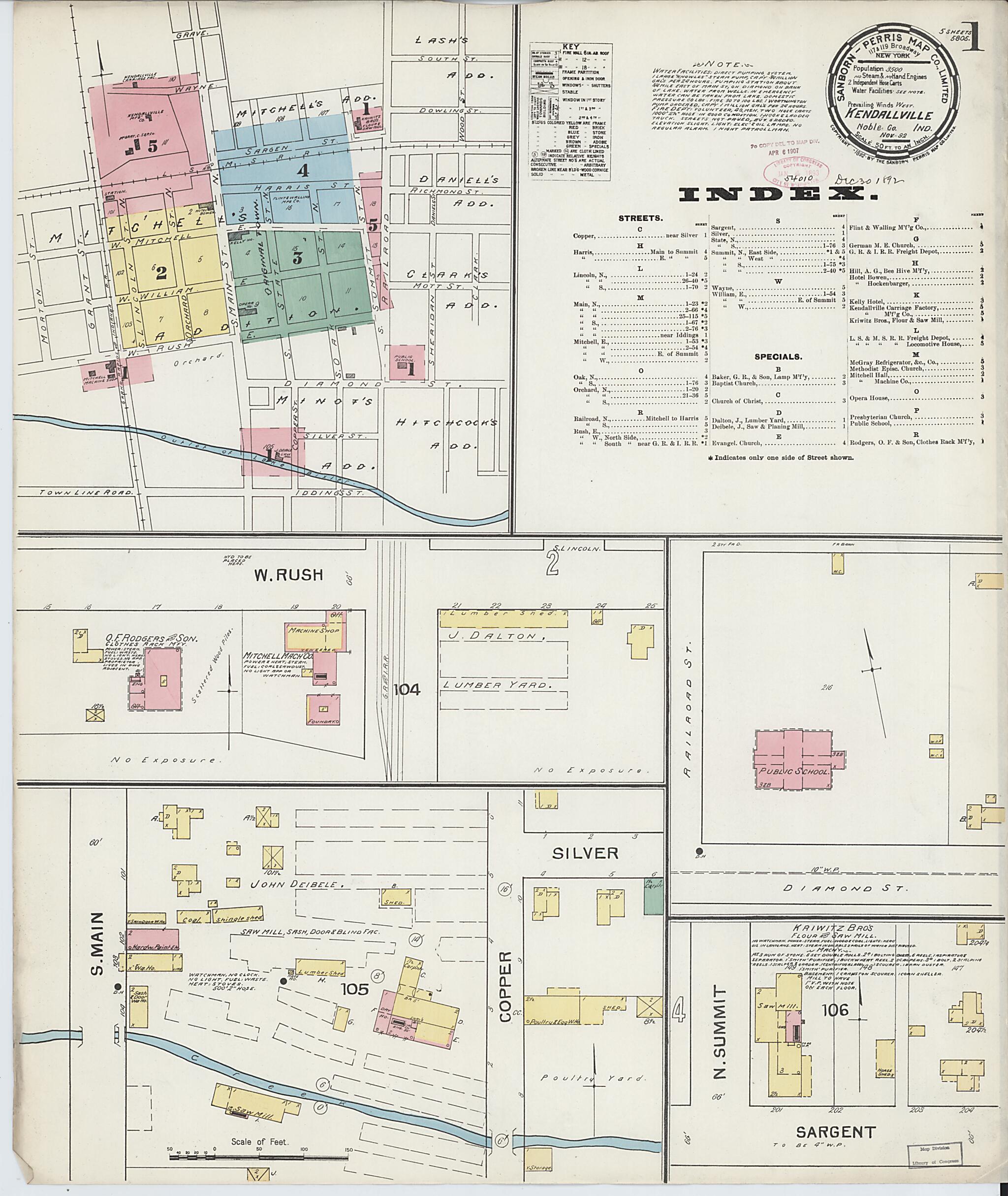 This old map of Kendallville, Noble County, Indiana was created by Sanborn Map Company in 1892